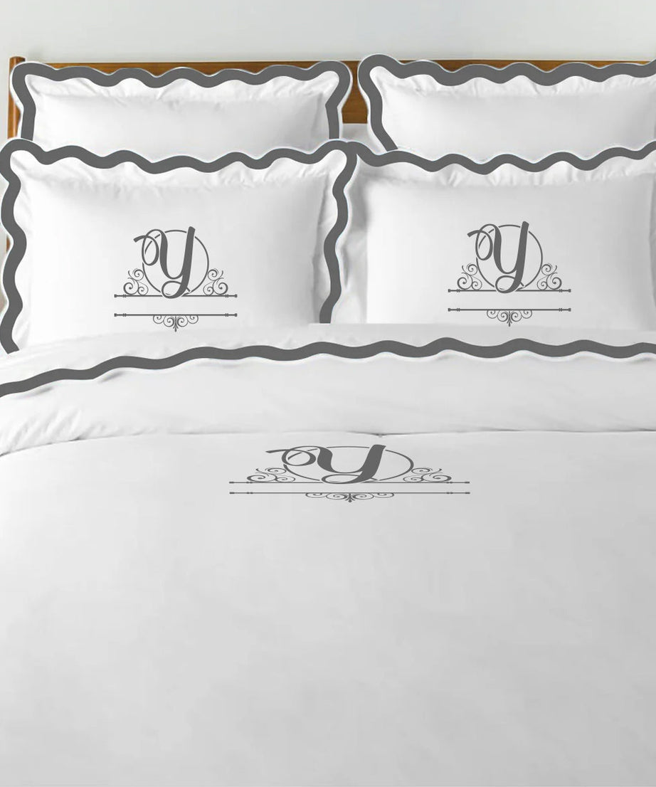 Monogram 400TC Applique Scalloped Embroidery Cotton Duvet Cover Set