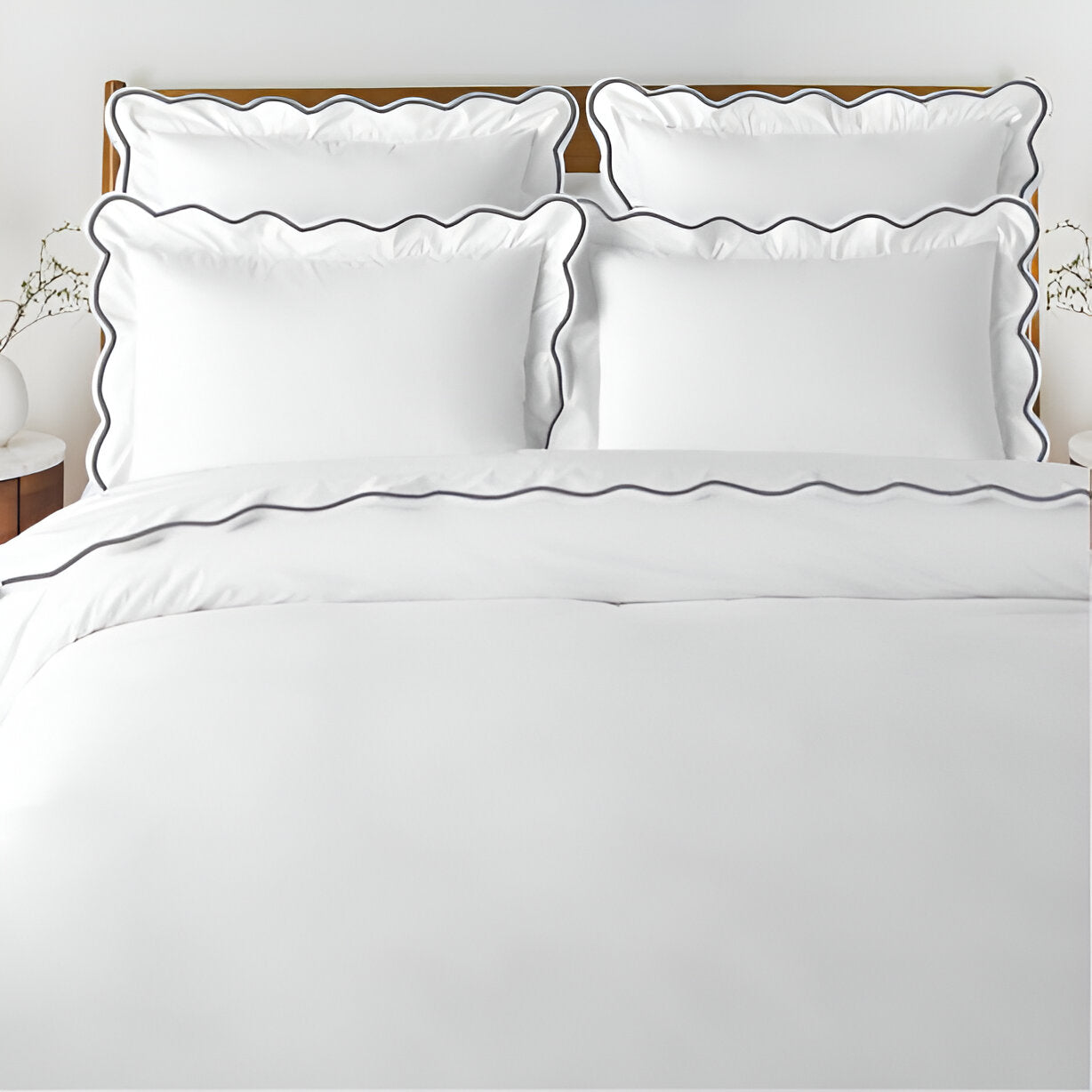 400TC Cotton Scallop Embroidery Sateen Solid Duvet Cover Set
