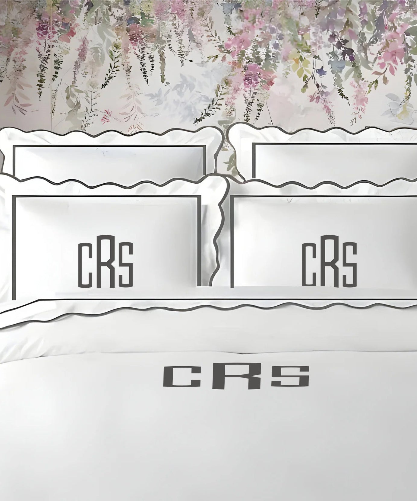 Monogram 400TC Cotton Scallop Embroidery & Border Sateen Solid Duvet Cover Set