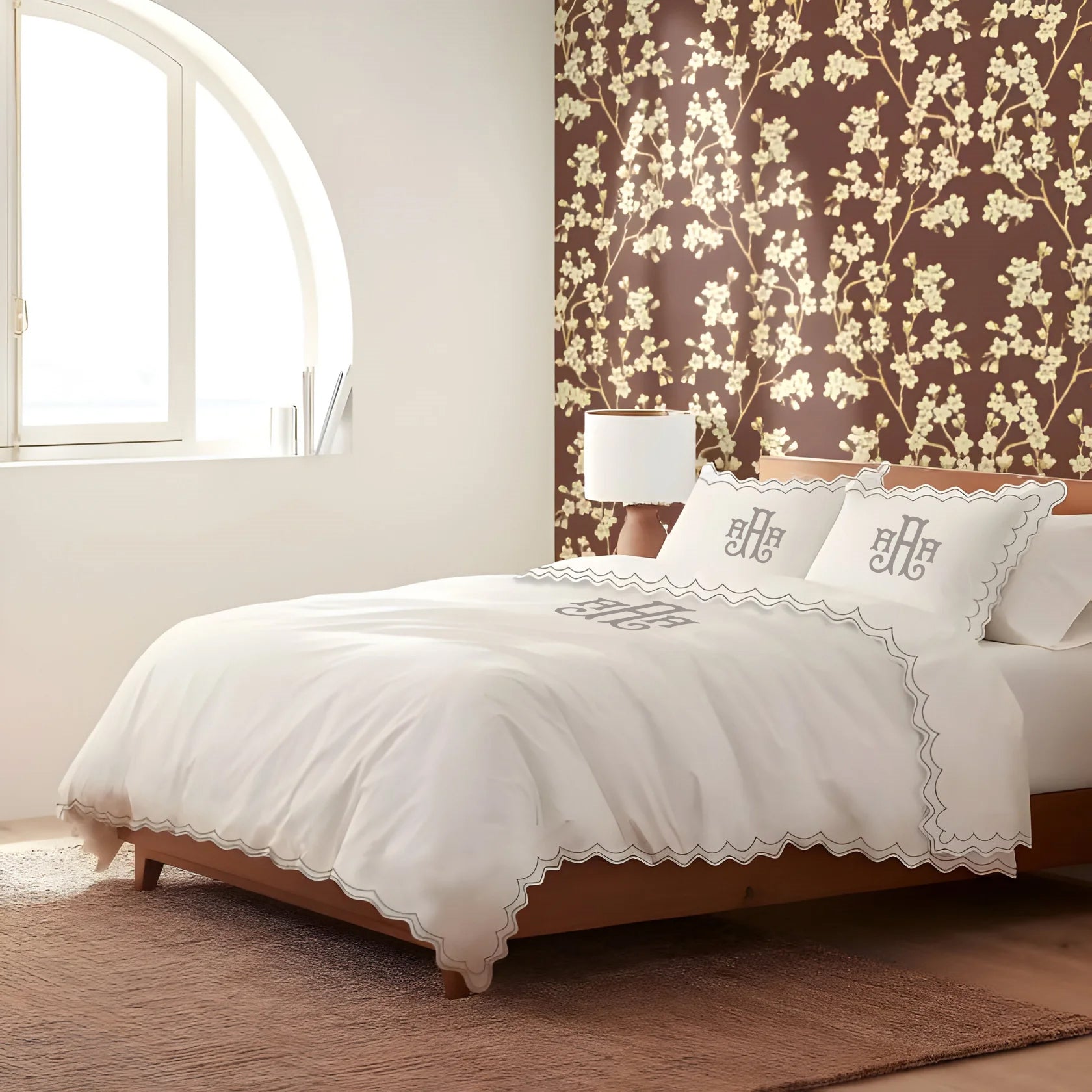 Monogram 400TC Cotton Sateen Double Scallop Embroidery Duvet Cover Set
