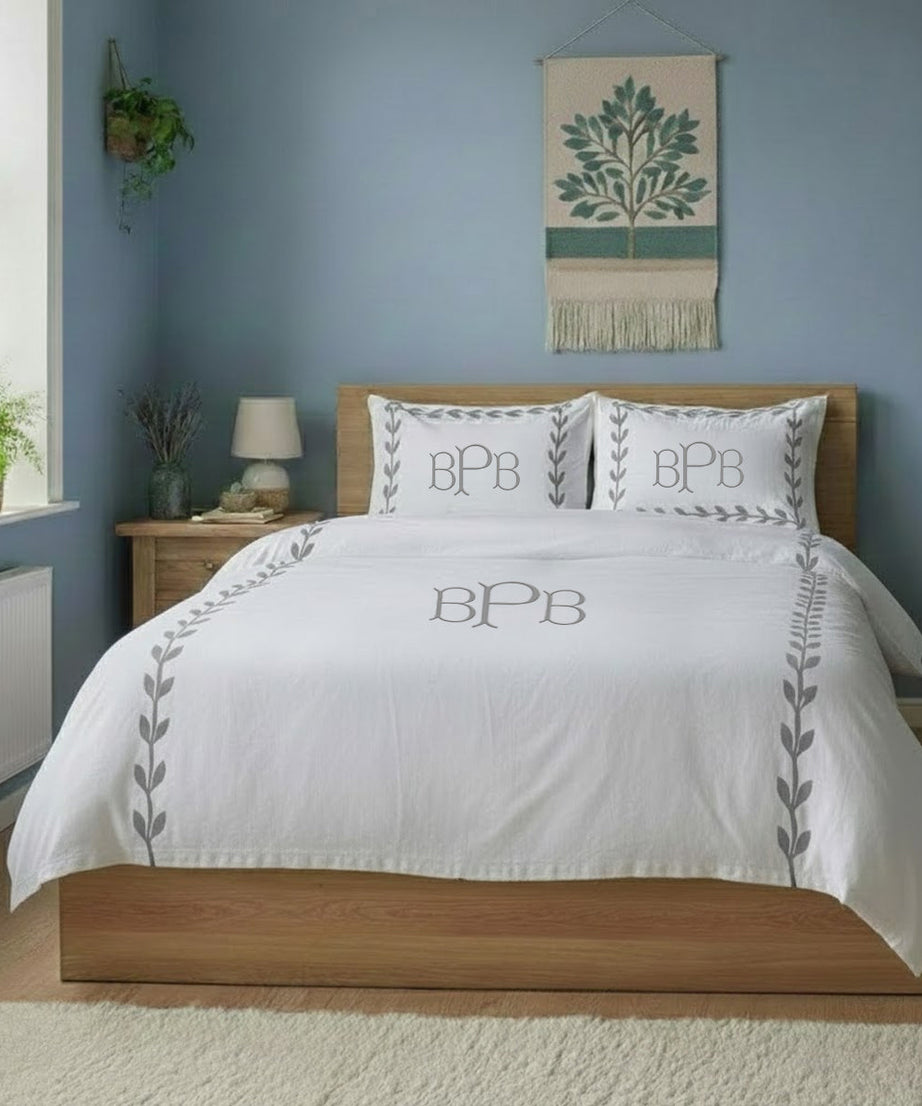 Monogram Layered Leaf Applique Cotton Duvet Cover Set