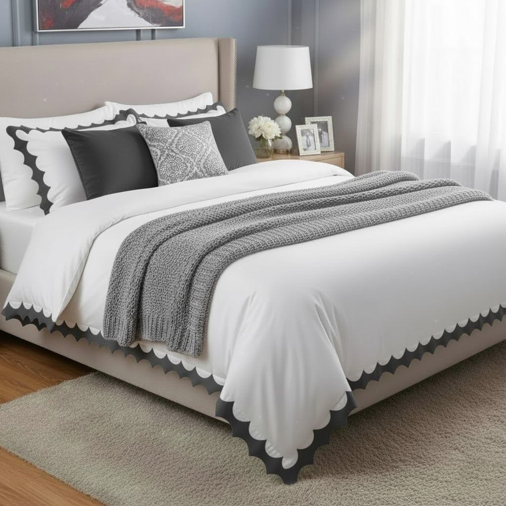 Reverse Scalloped Applique Embroidery Cotton Duvet Cover Set