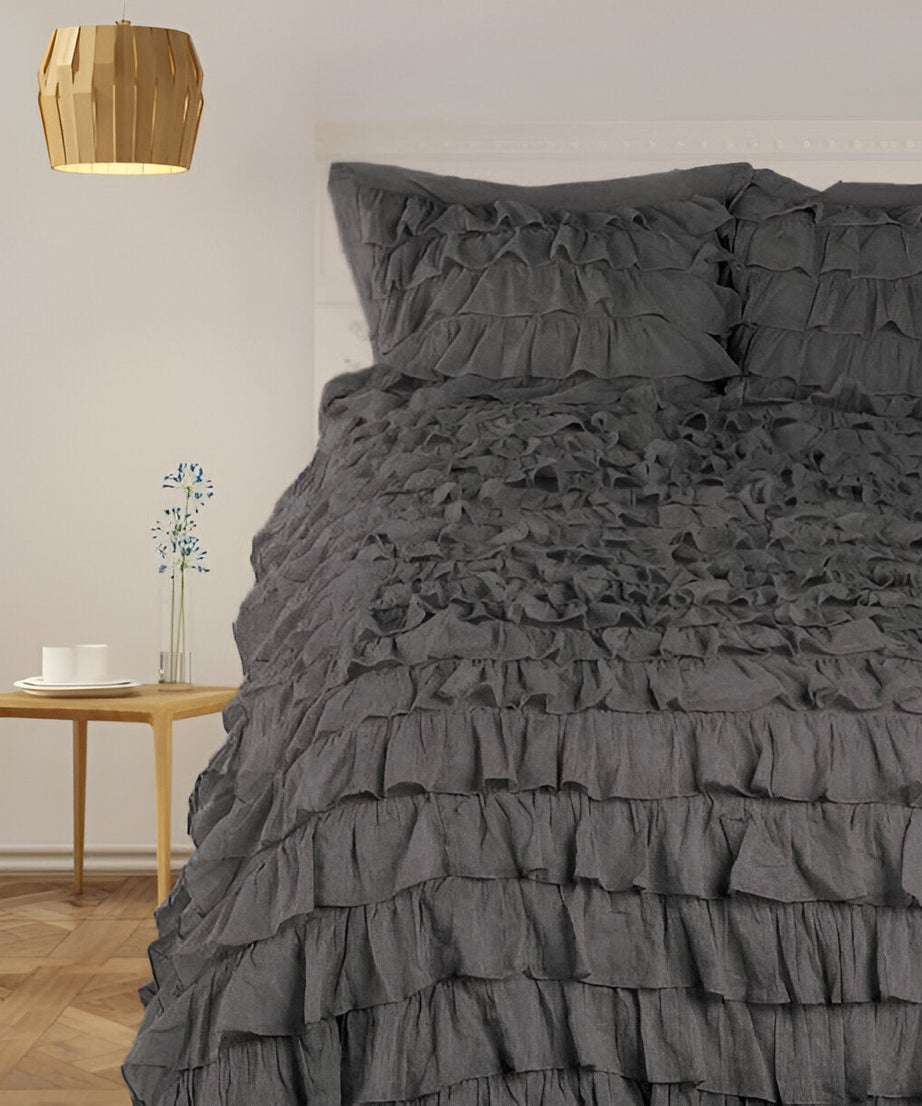 400TC Sateen Solid Cotton Waterfall Ruffle Duvet Cover Set