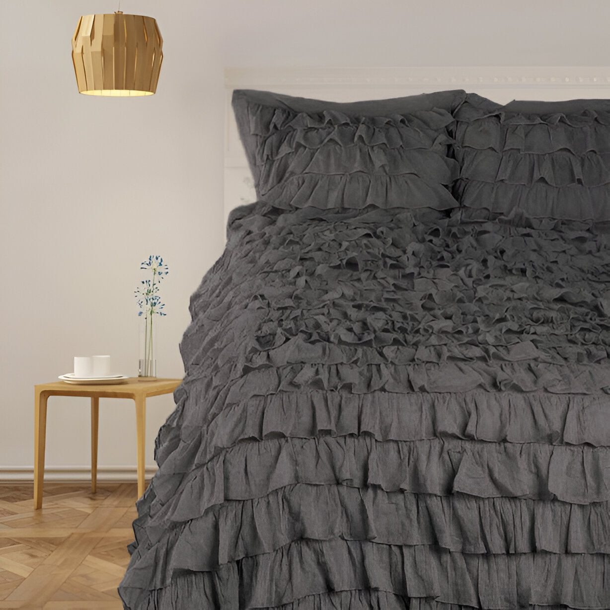 400TC Sateen Solid Cotton Waterfall Ruffle Duvet Cover Set