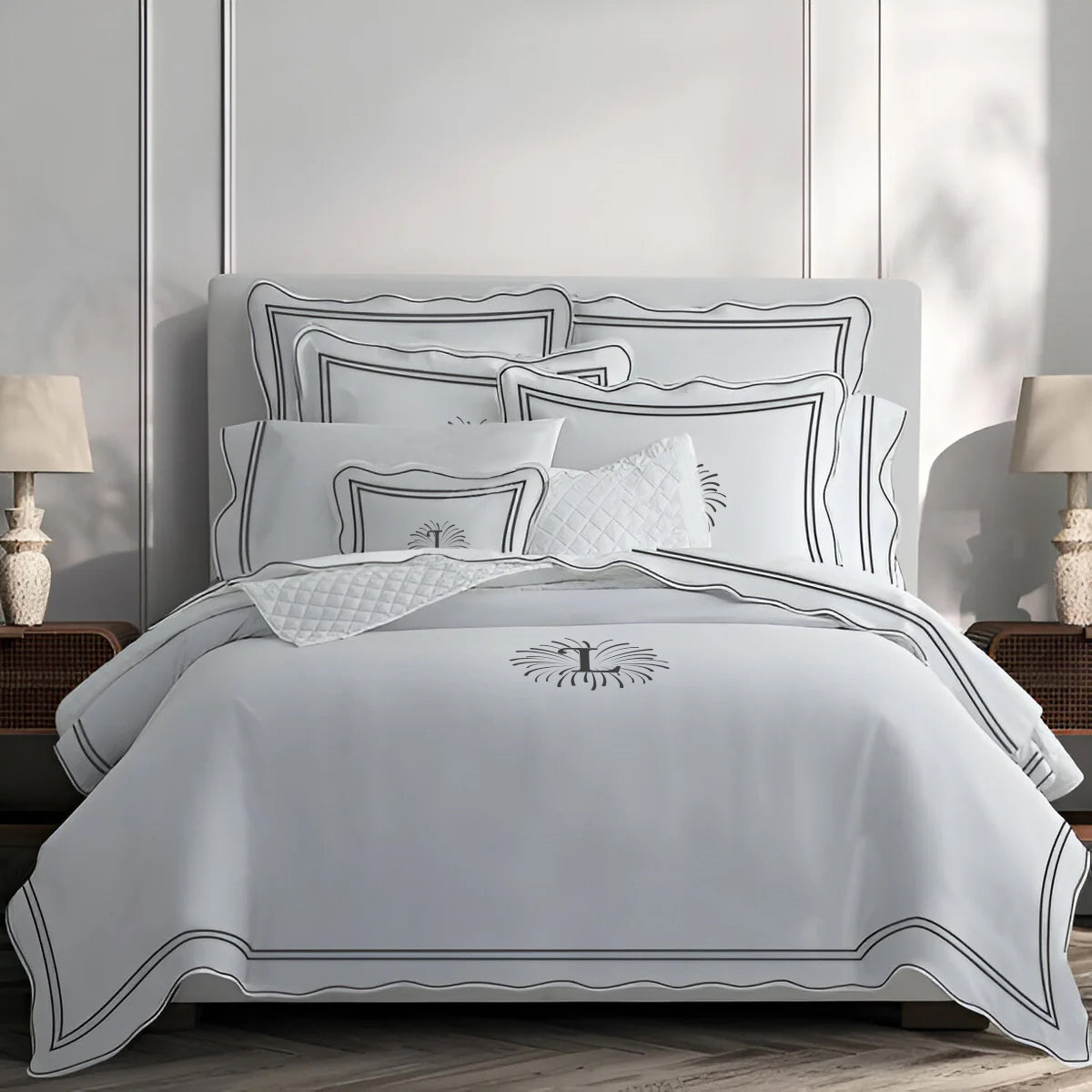 Monogram 400TC Wavy Embroidery & Border Cotton Sateen Solid Duvet Cover Set