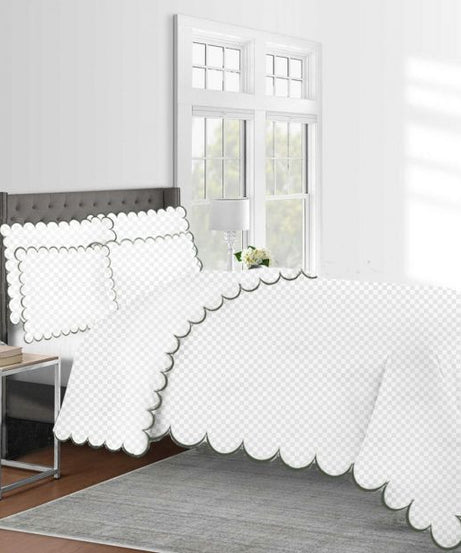 Allena 400TC Cotton Scallop Embroidery Sateen Microcheck Duvet Cover Set