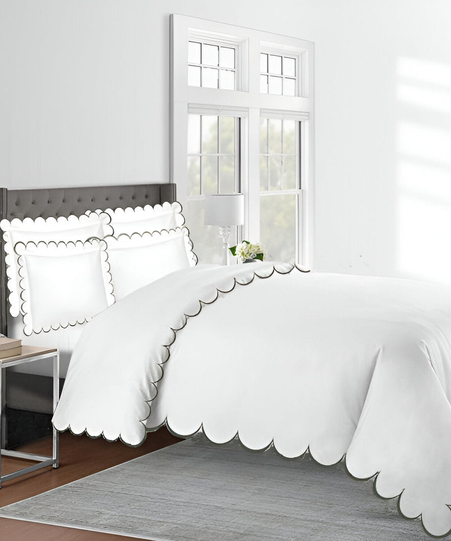 Allena 400TC Cotton Scallop Embroidery Sateen Solid Duvet Cover Set