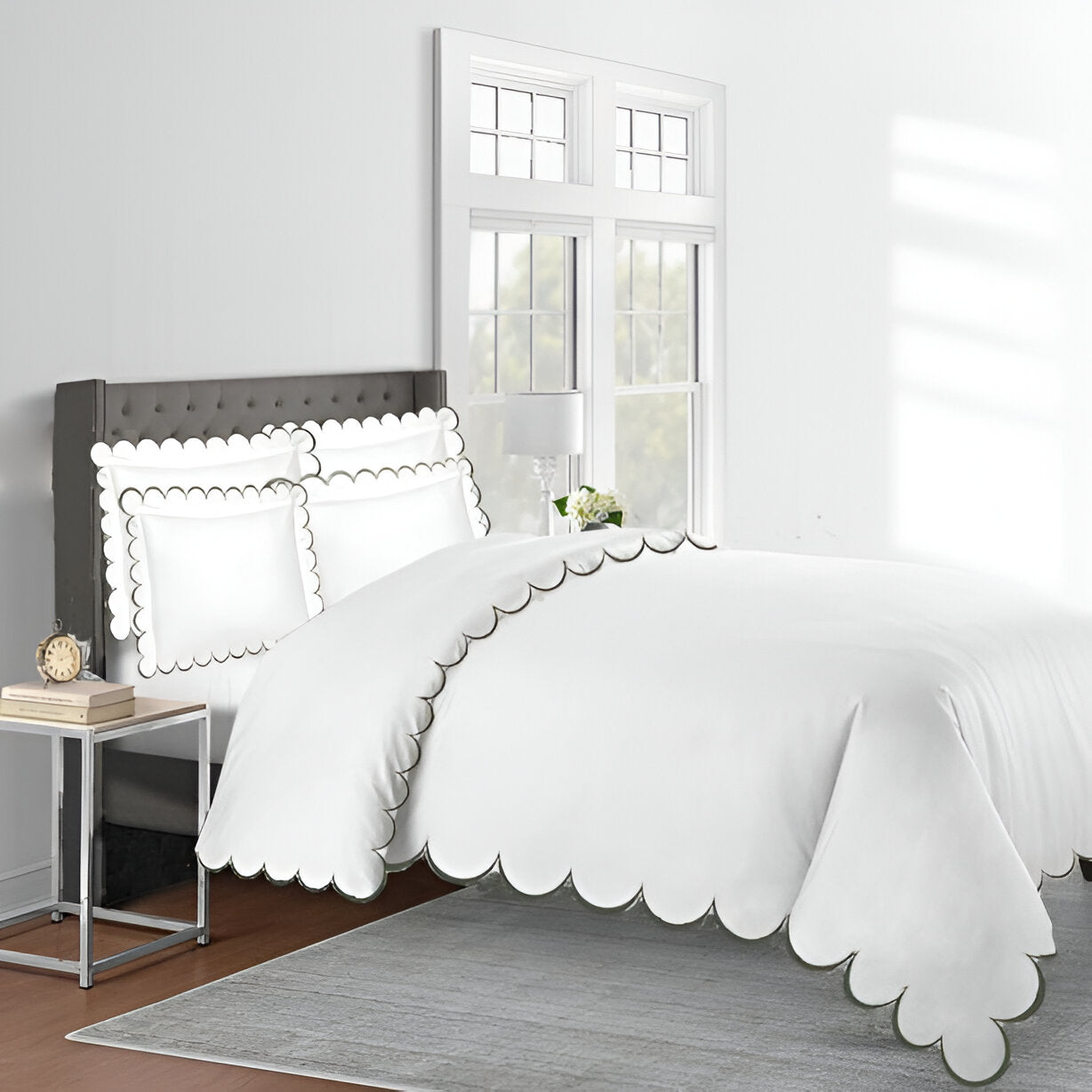 Allena 400TC Cotton Scallop Embroidery Sateen Solid Duvet Cover Set