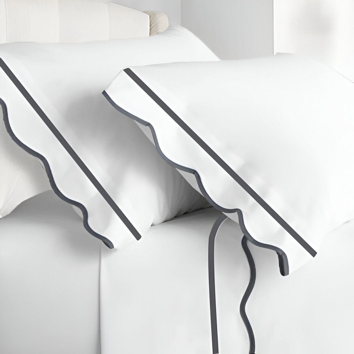 400TC Cotton Scallop Embroidery & Border Sateen Solid Pillowcases (Set Of 2)