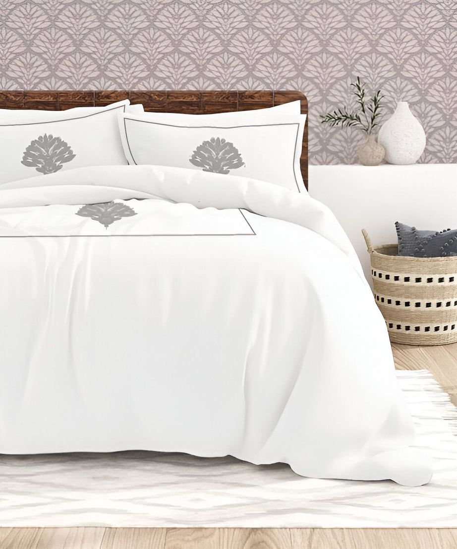 Leafy Embroidered Cotton Sateen Duvet Cover Set