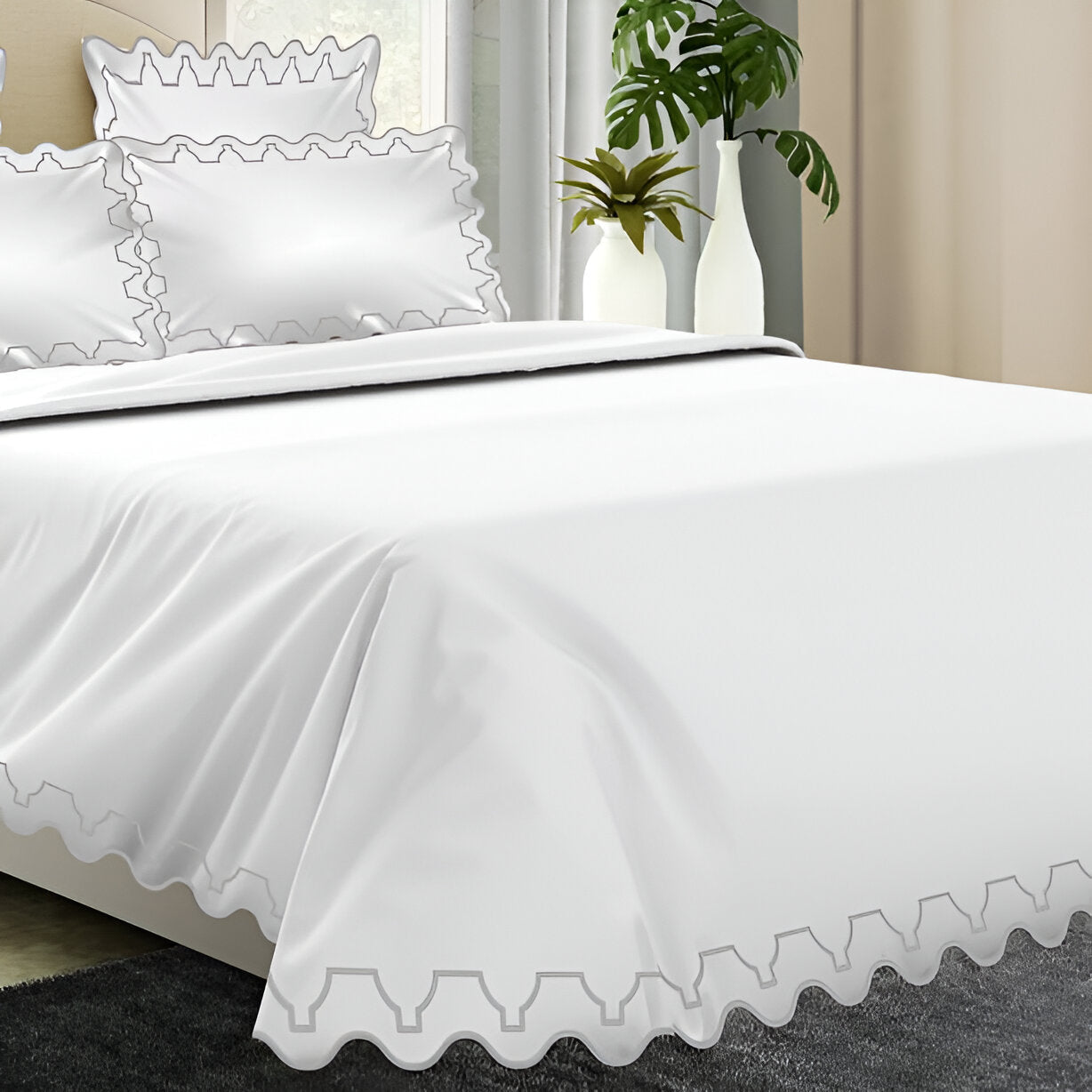 Imaginary Scallop 400TC Cotton Embroidery Sateen Solid Duvet Cover Set