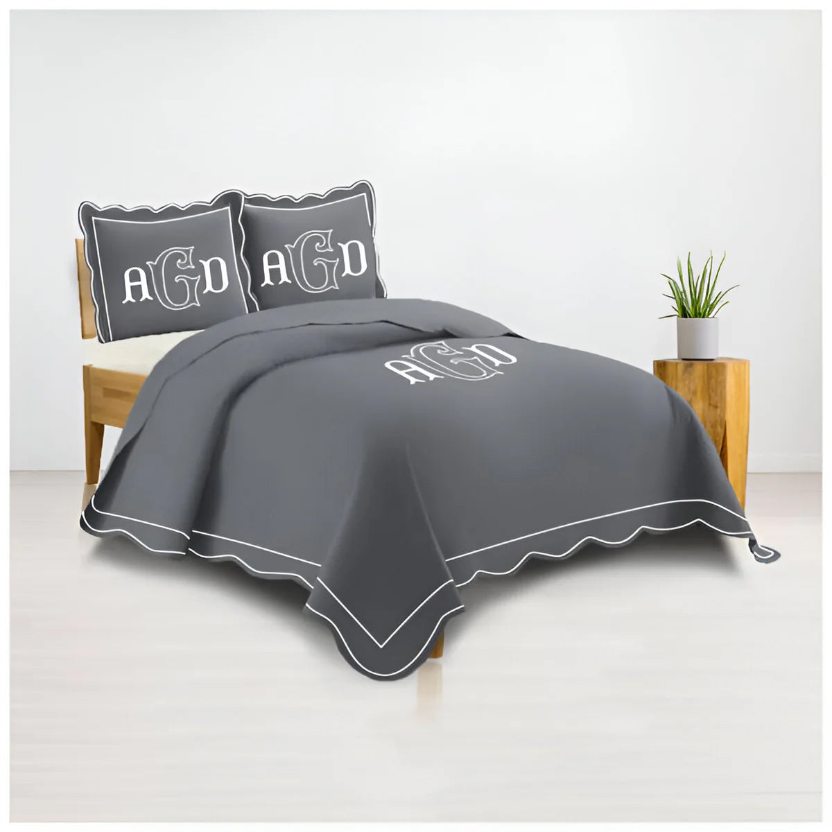 Monogram 400TC Luxurious Wavy Embroidery & Border Cotton Sateen Duvet Cover Set