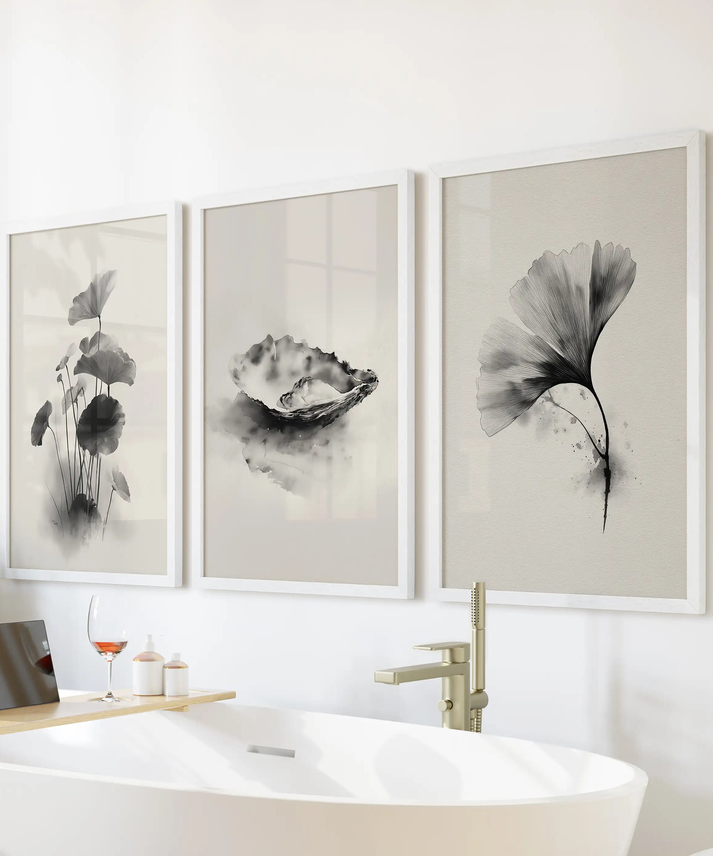 Minimalist Japanese Set of 3 Prints. Black and White Flowers Decor