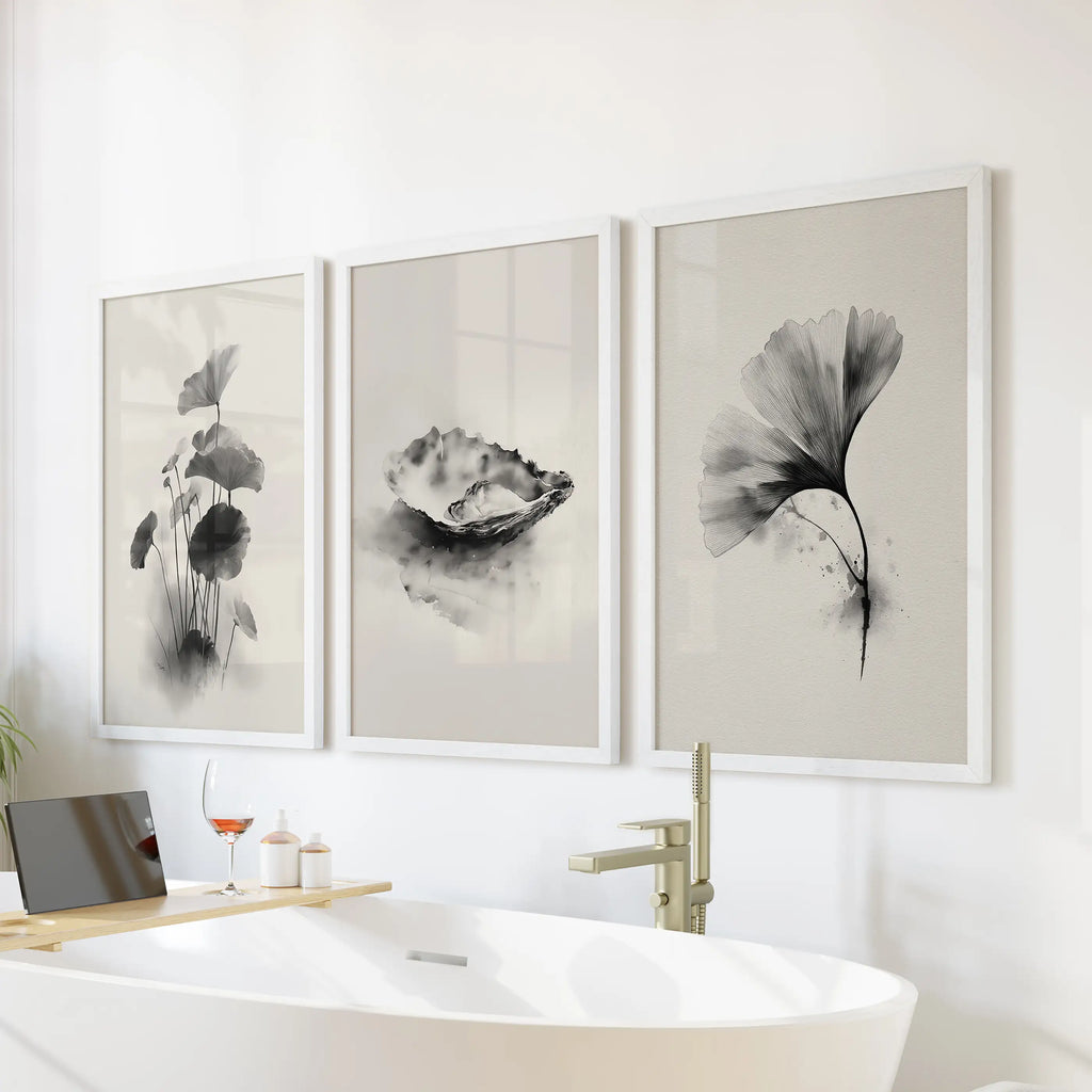 Minimalist Japanese Set of 3 Prints. Black and White Flowers Decor
