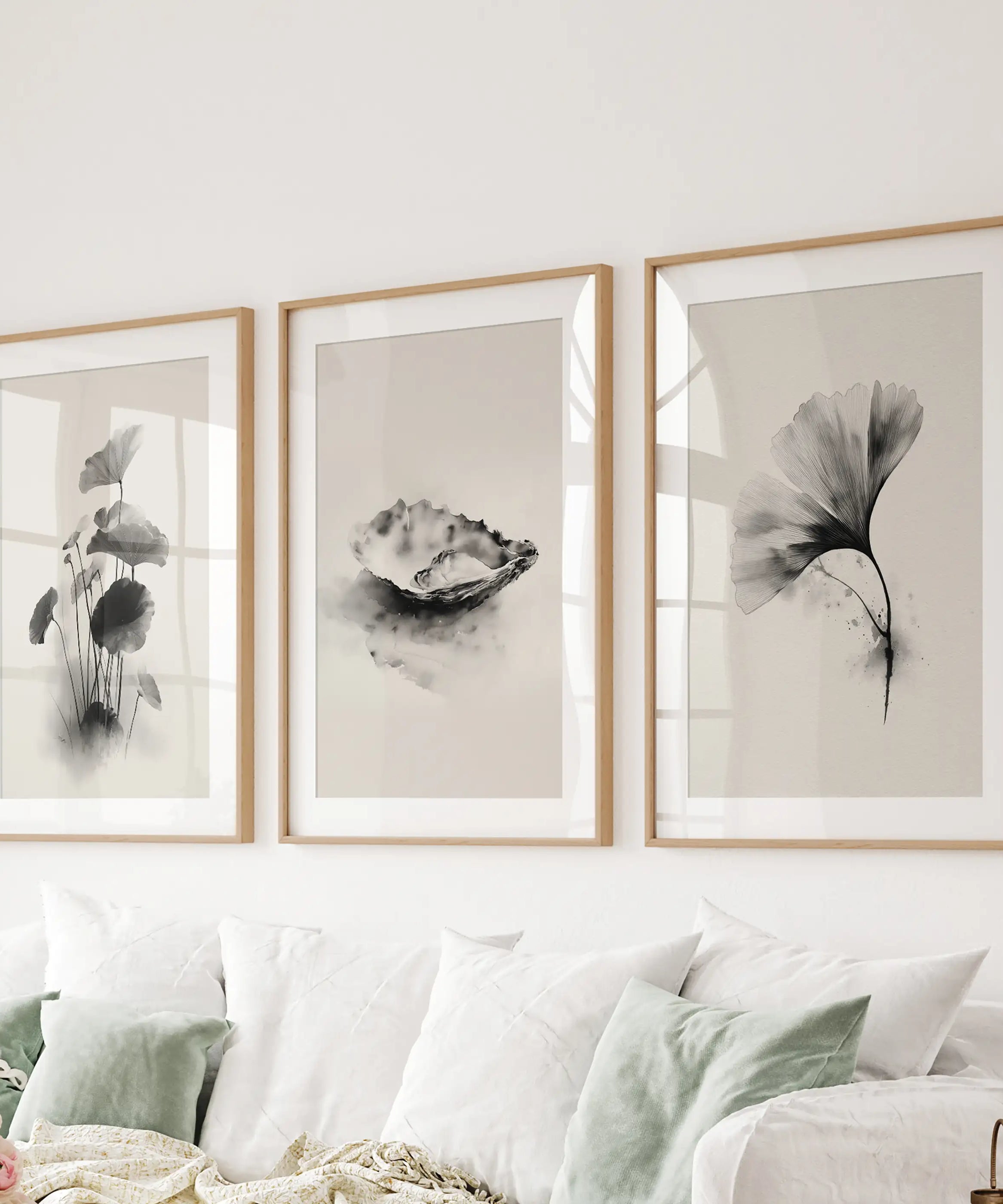 Minimalist Japanese Set of 3 Prints. Black and White Flowers Decor