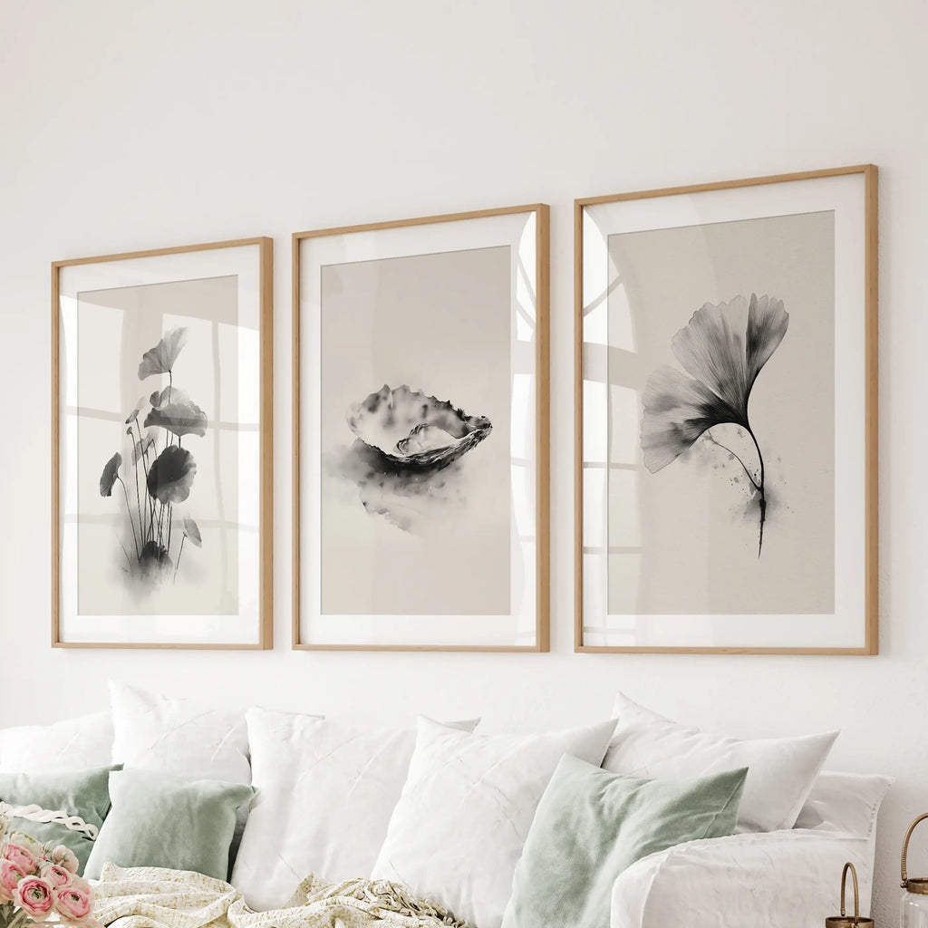Minimalist Japanese Set of 3 Prints. Black and White Flowers Decor