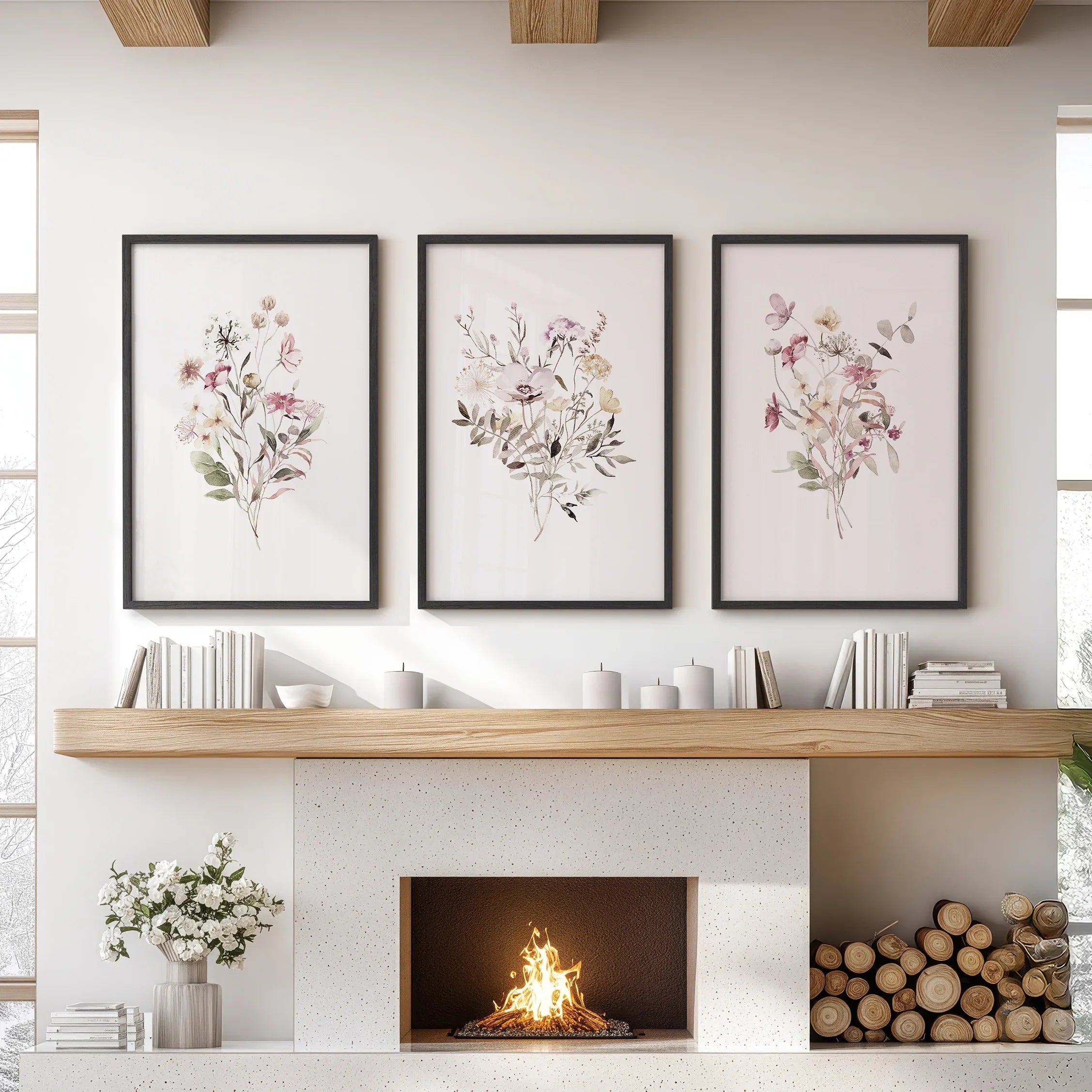 Floral Art Set of 3. Watercolor Wildflower Bouquet Prints