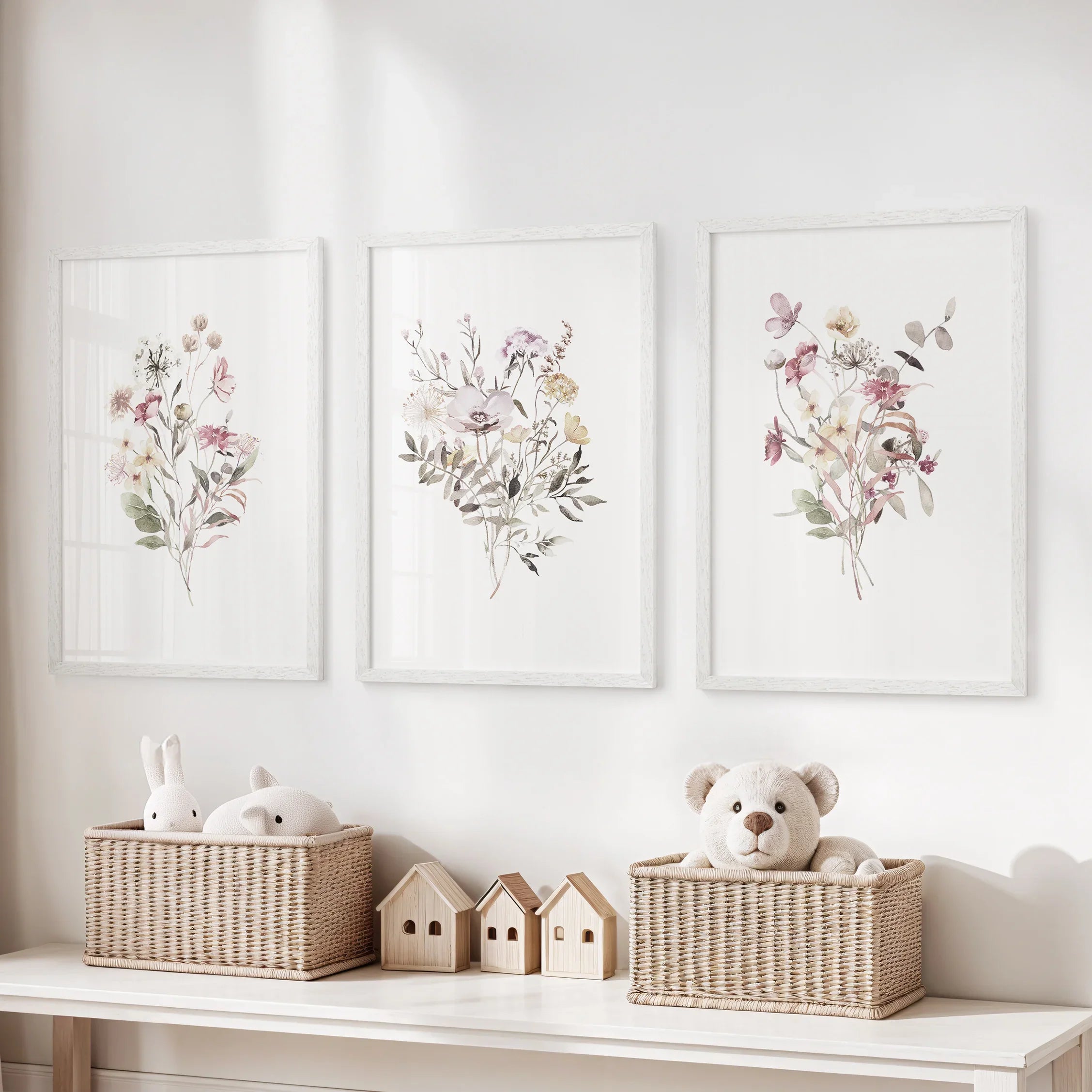 Floral Art Set of 3. Watercolor Wildflower Bouquet Prints