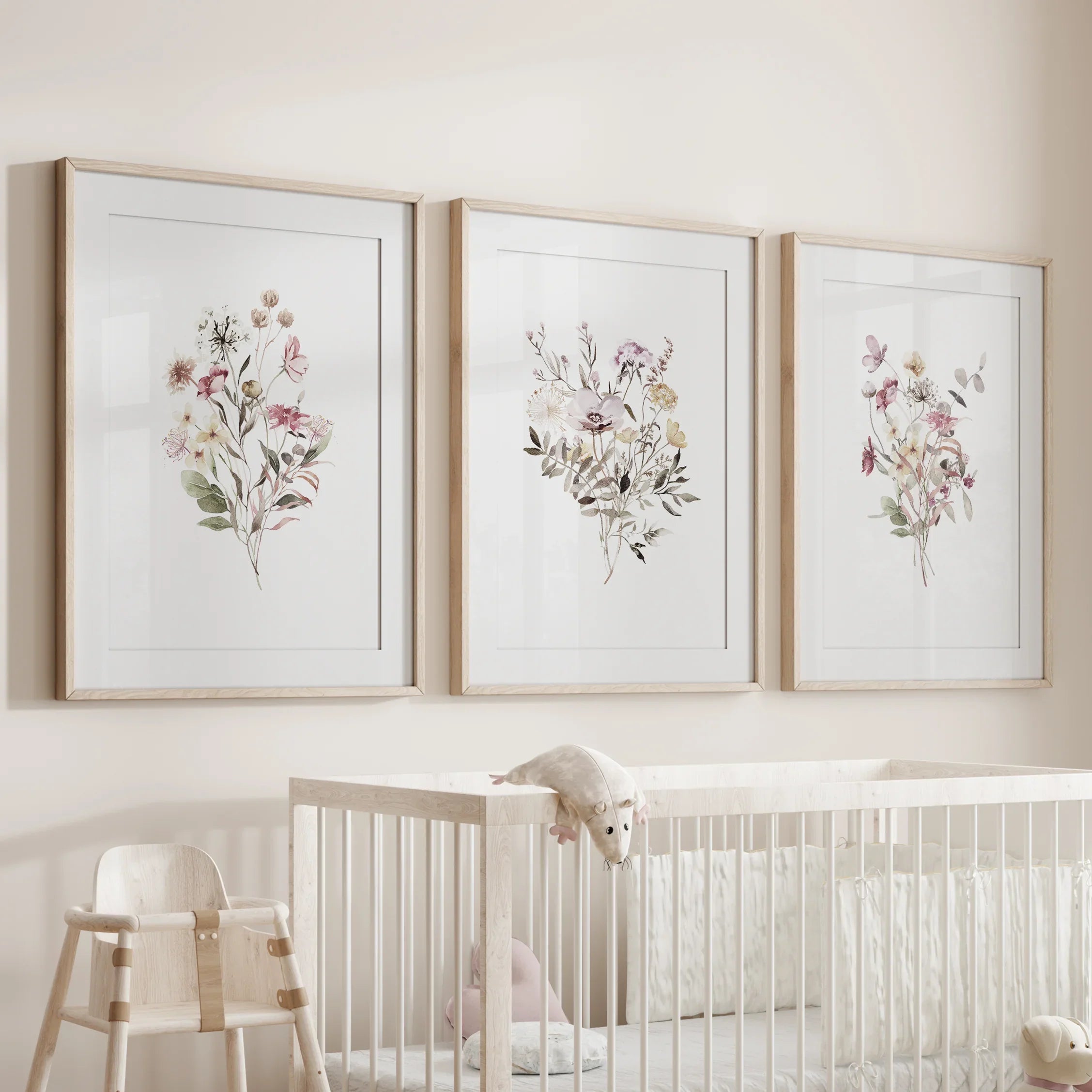 Floral Art Set of 3. Watercolor Wildflower Bouquet Prints