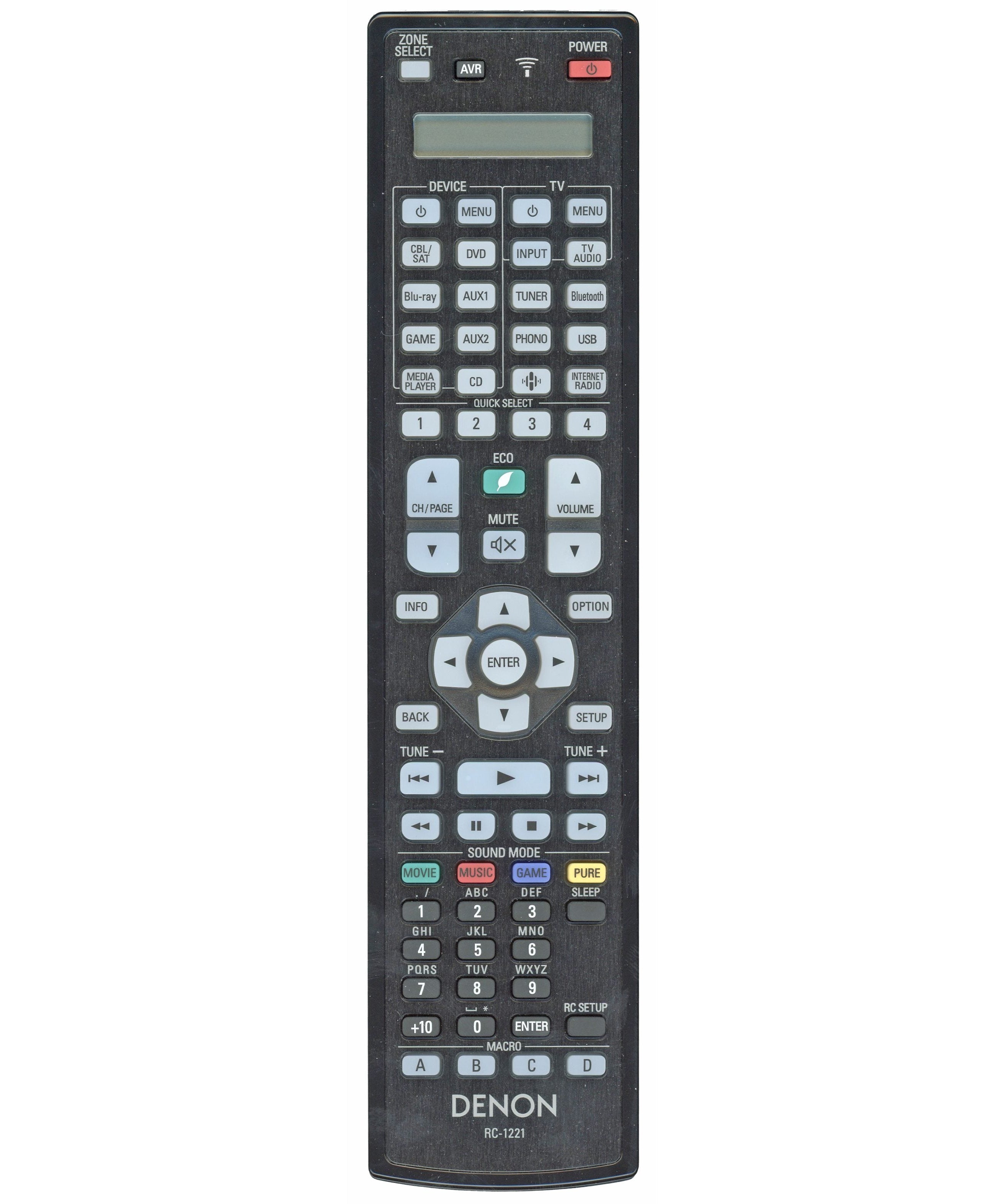 Denon RC-1221 A/V Receiver Remote Control | Motion-lit Backlight | AVRA110 - 30701025200AS