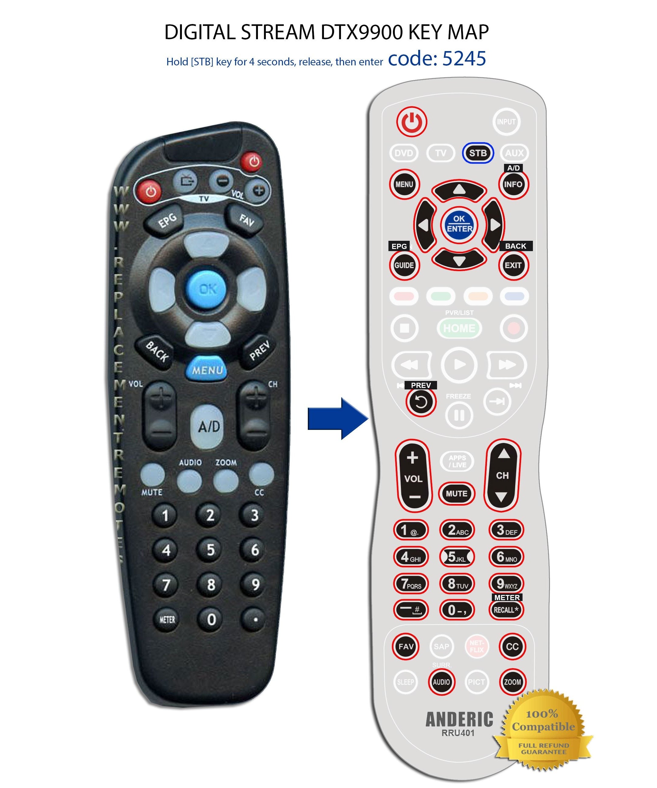Digital Stream DTX9950 DTX9900 Digital TV Tuner Converter Remote Control