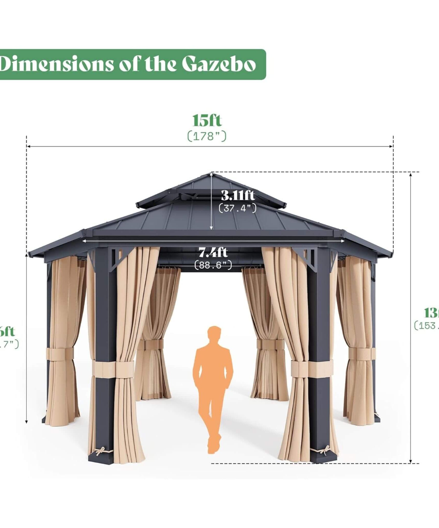 [13X15FT] Alora Double-Tier Hexagonal Metal Hardtop Patio Gazebo With Curtains (SAK84137)