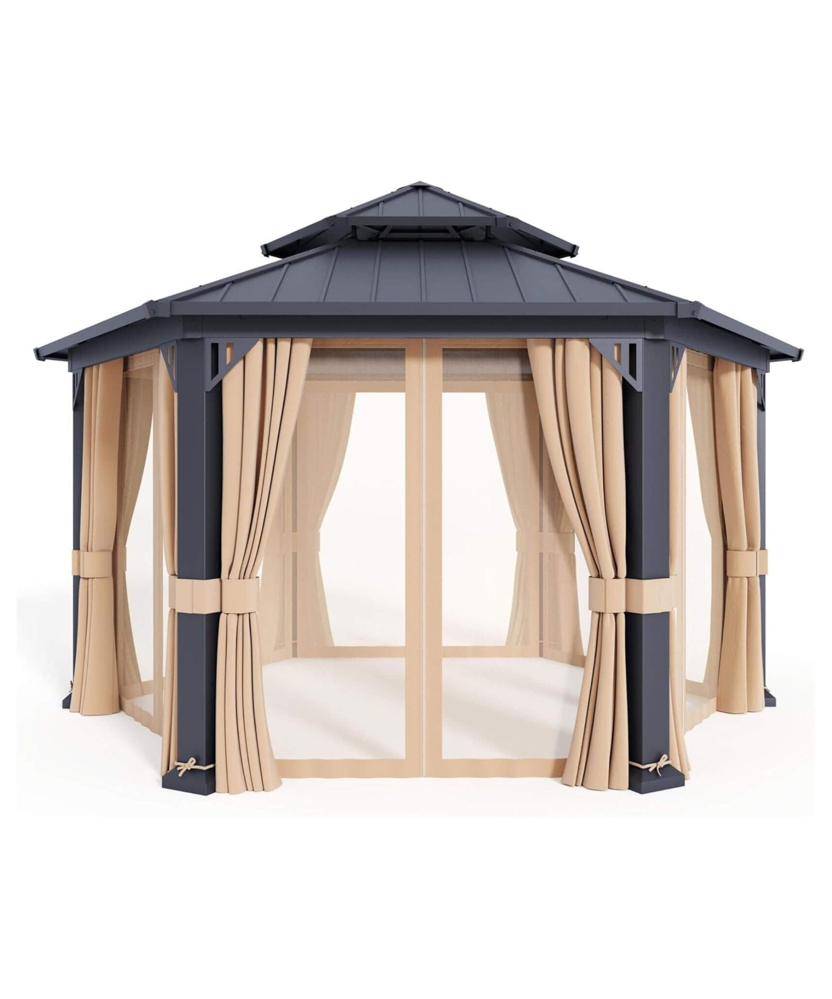[13X15FT] Alora Double-Tier Hexagonal Metal Hardtop Patio Gazebo With Curtains (SAK84137)