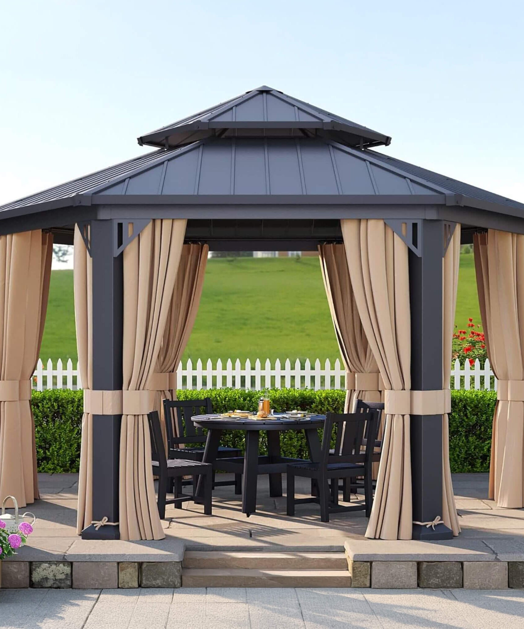 [13X15FT] Alora Double-Tier Hexagonal Metal Hardtop Patio Gazebo With Curtains (SAK84137)