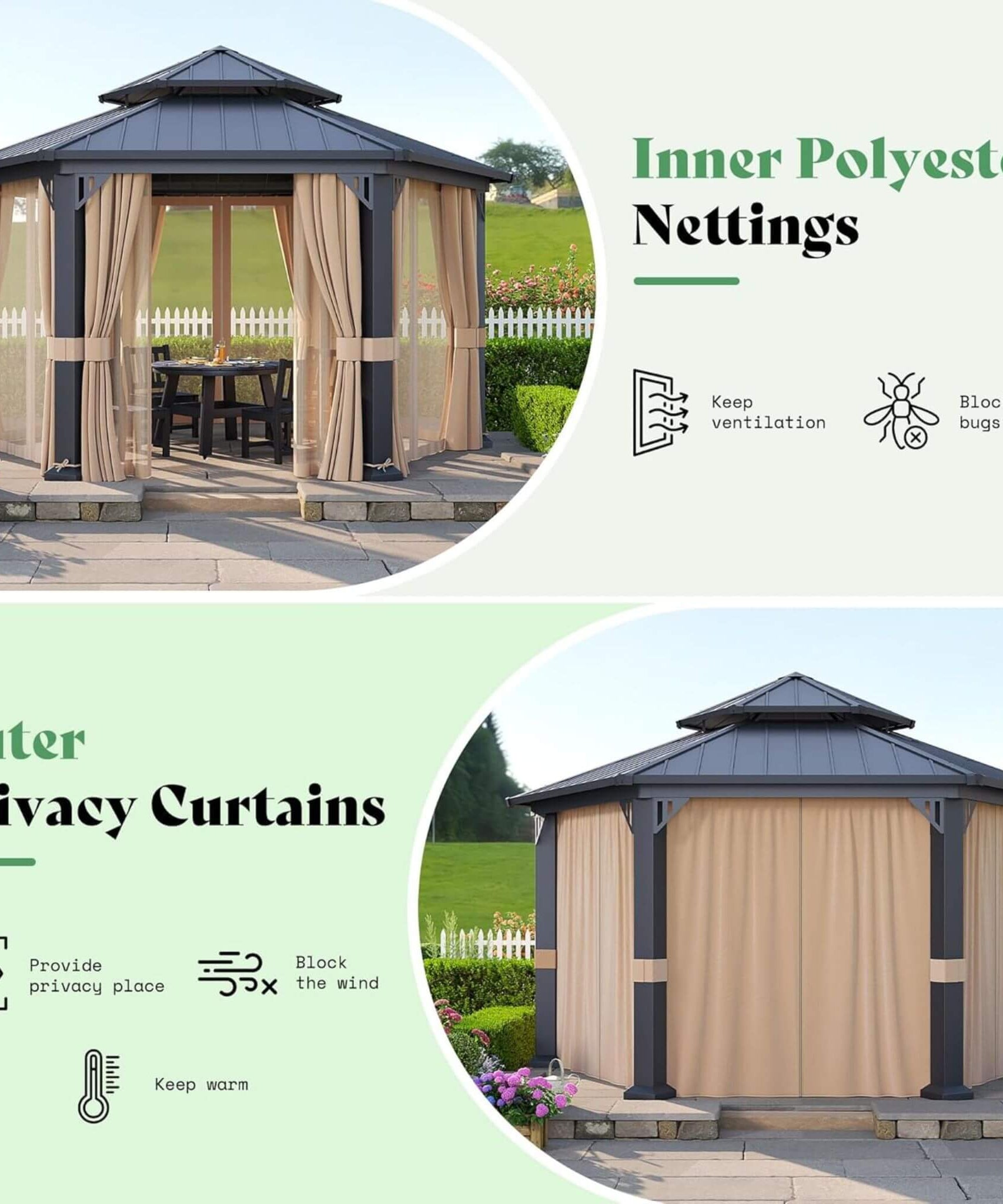 [13X15FT] Alora Double-Tier Hexagonal Metal Hardtop Patio Gazebo With Curtains (SAK84137)