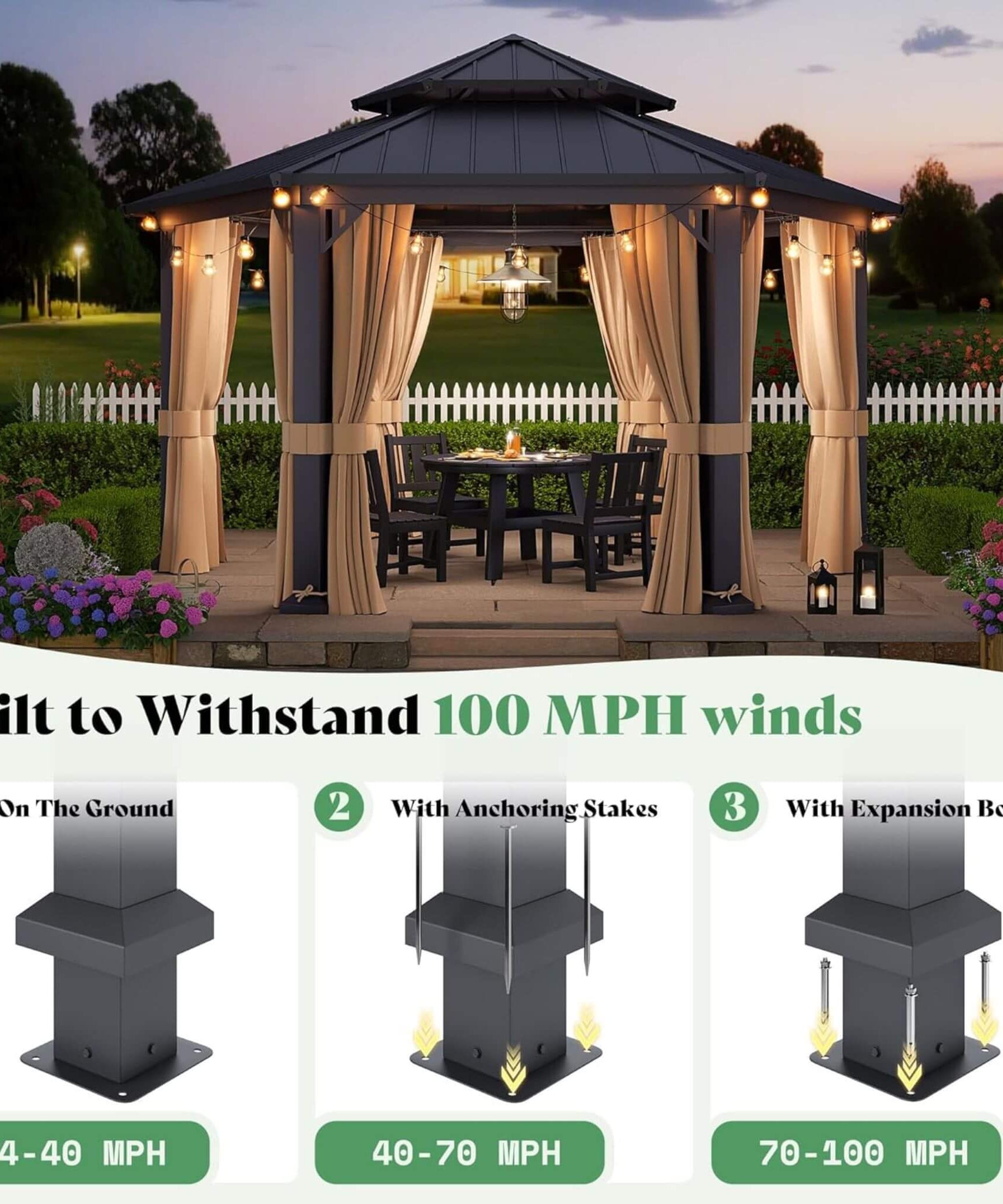 [13X15FT] Alora Double-Tier Hexagonal Metal Hardtop Patio Gazebo With Curtains (SAK84137)
