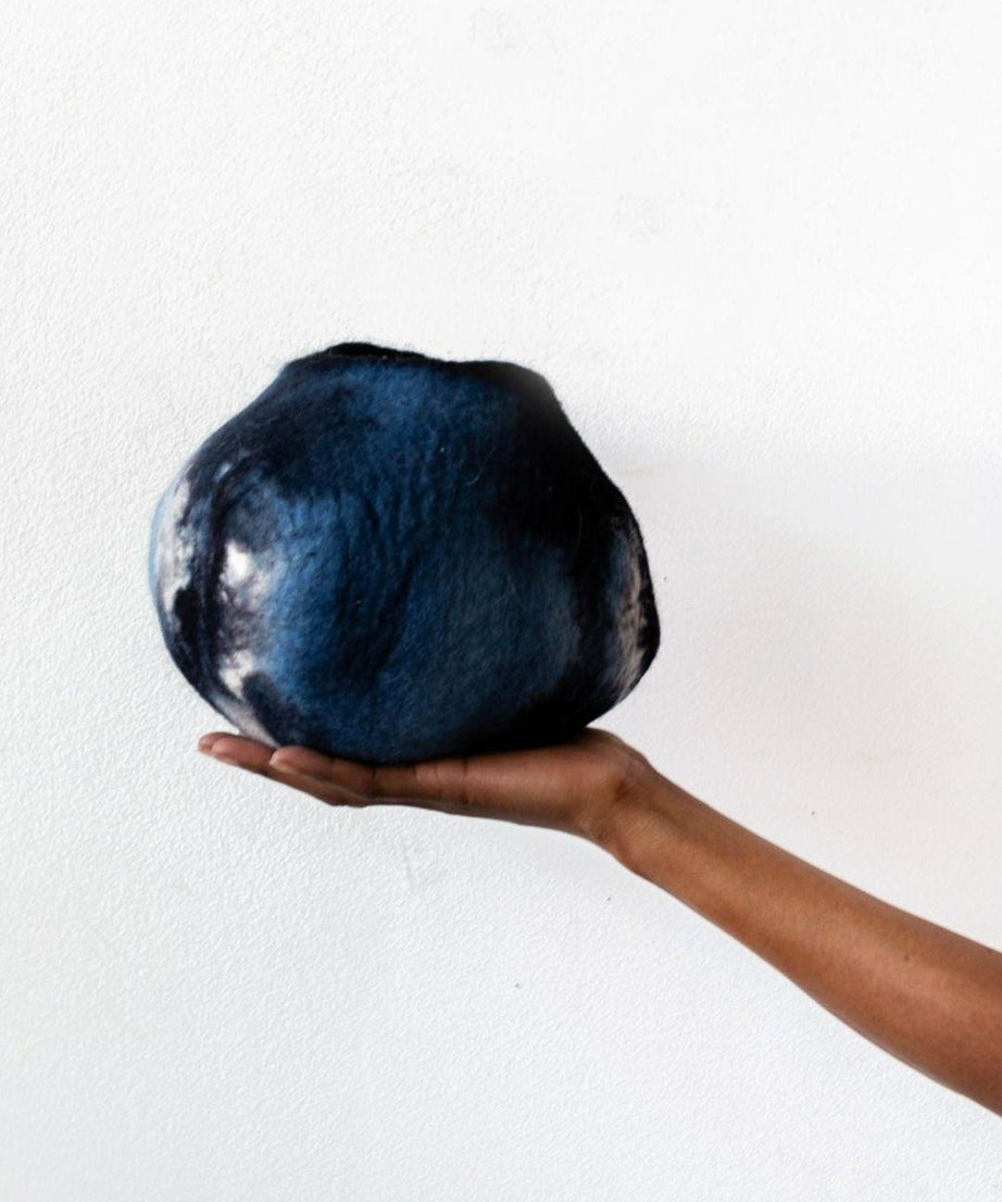 Adire Tye-Dye Indigo Blue Wool Decorative Ukhamba Bowl