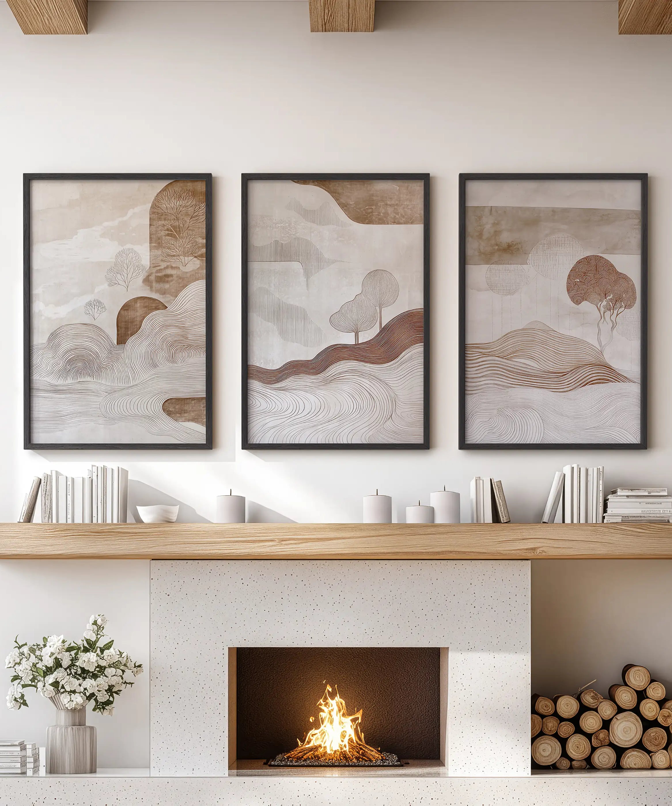 Wabi Sabi Line Art Set of 3 Prints. Earth Tones Landscape