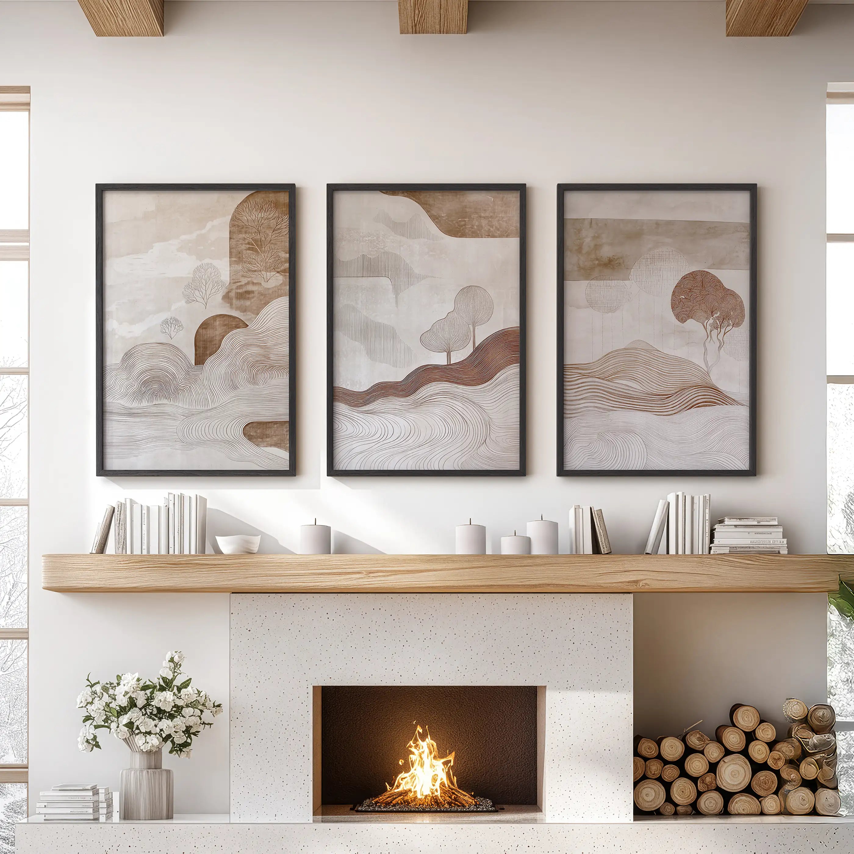 Wabi Sabi Line Art Set of 3 Prints. Earth Tones Landscape
