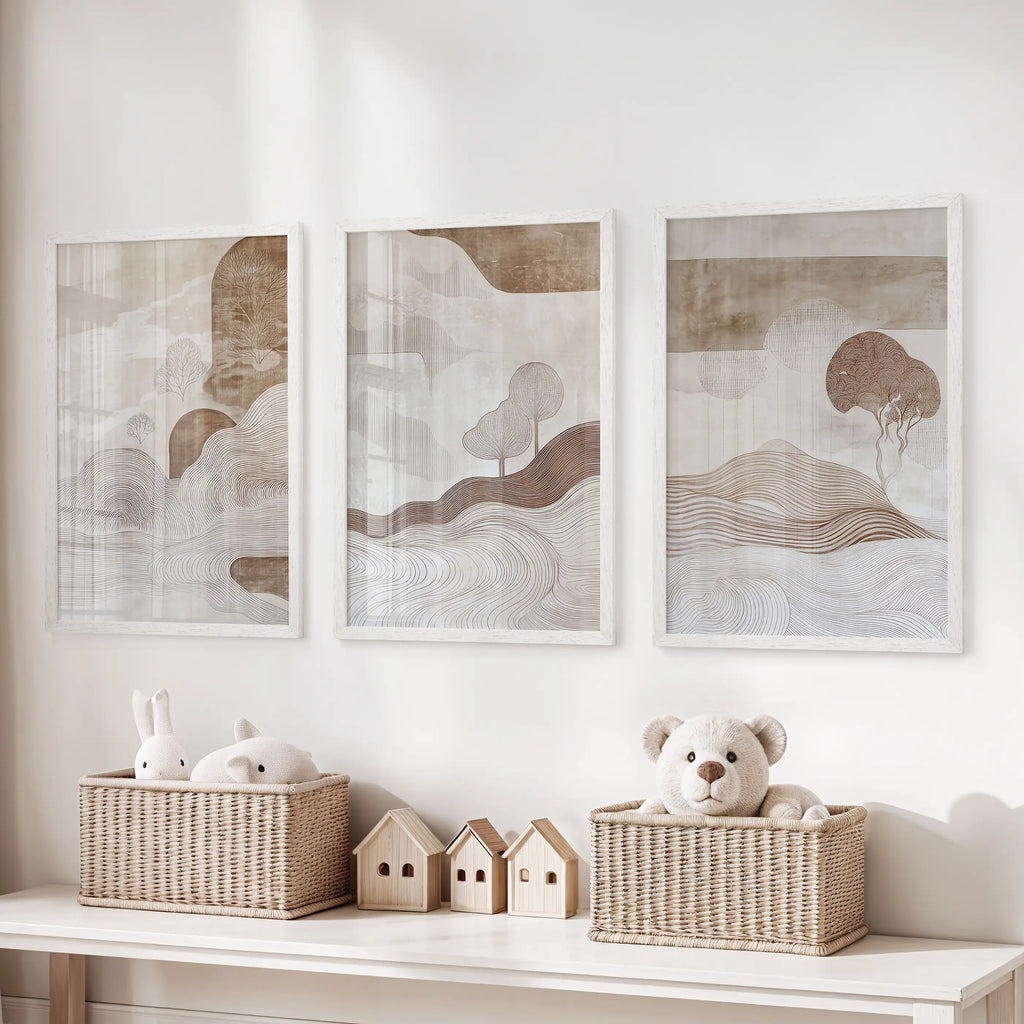 Wabi Sabi Line Art Set of 3 Prints. Earth Tones Landscape
