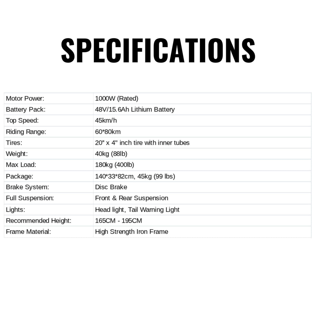 EKX L1 1000W 48V/15.6AH Electric Mountain Fat Tire Bike, 20" (SAK27491)