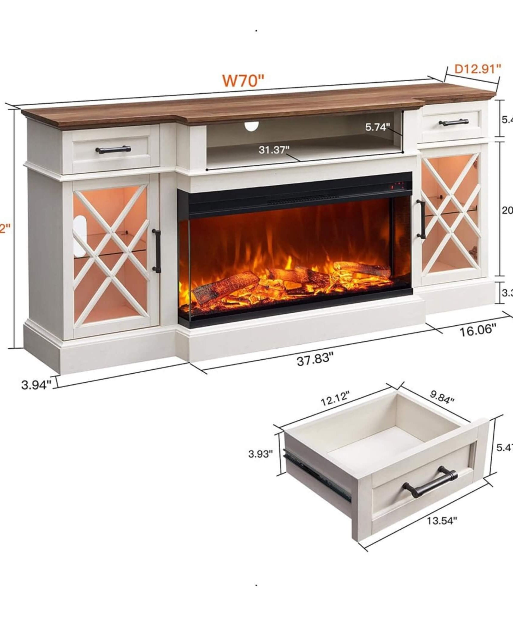 Nuvia Electric 70-Inch Fireplace TV Stand With Glass Door Storage Cabinet (SAK58627)