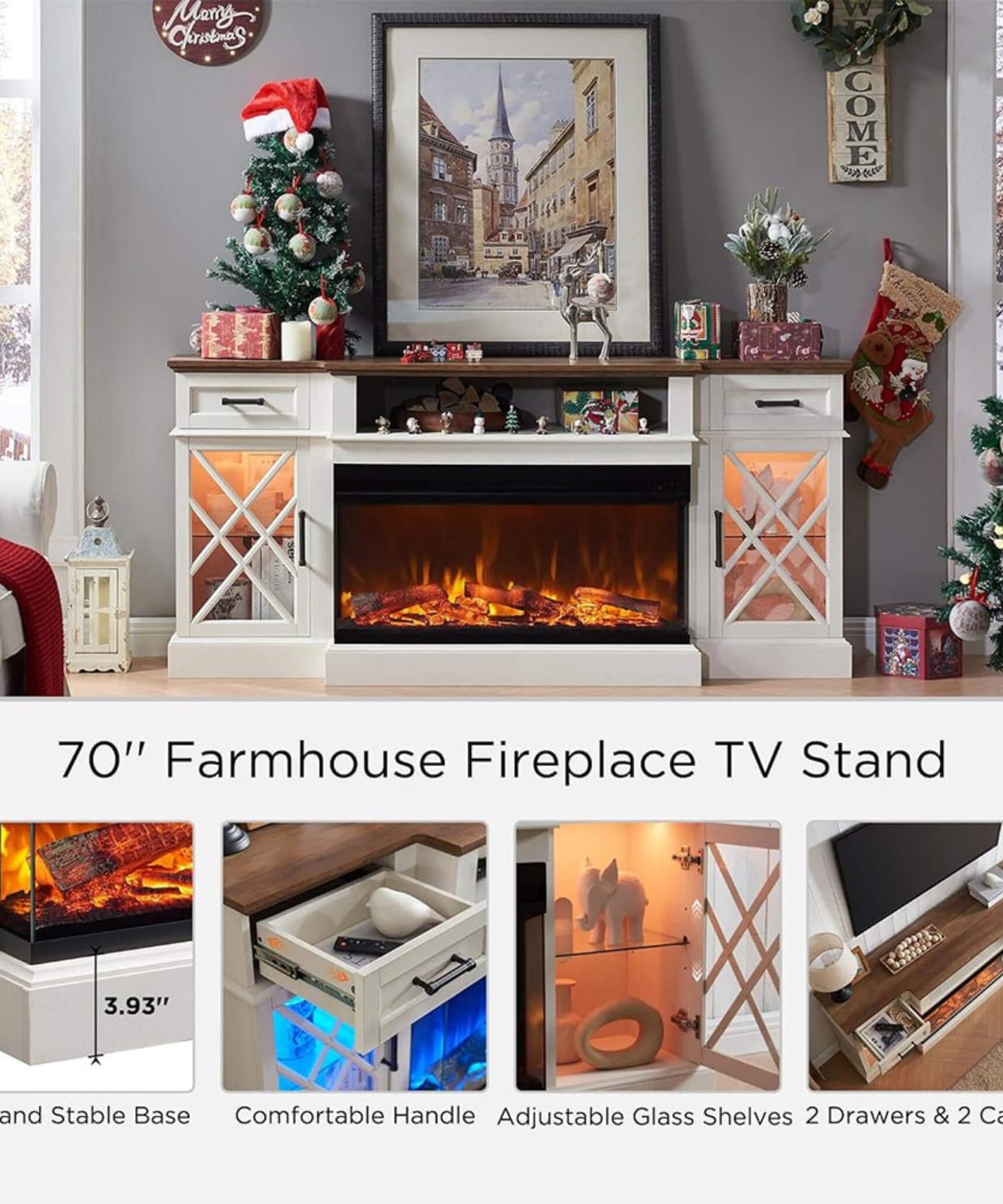 Nuvia Electric 70-Inch Fireplace TV Stand With Glass Door Storage Cabinet (SAK58627)