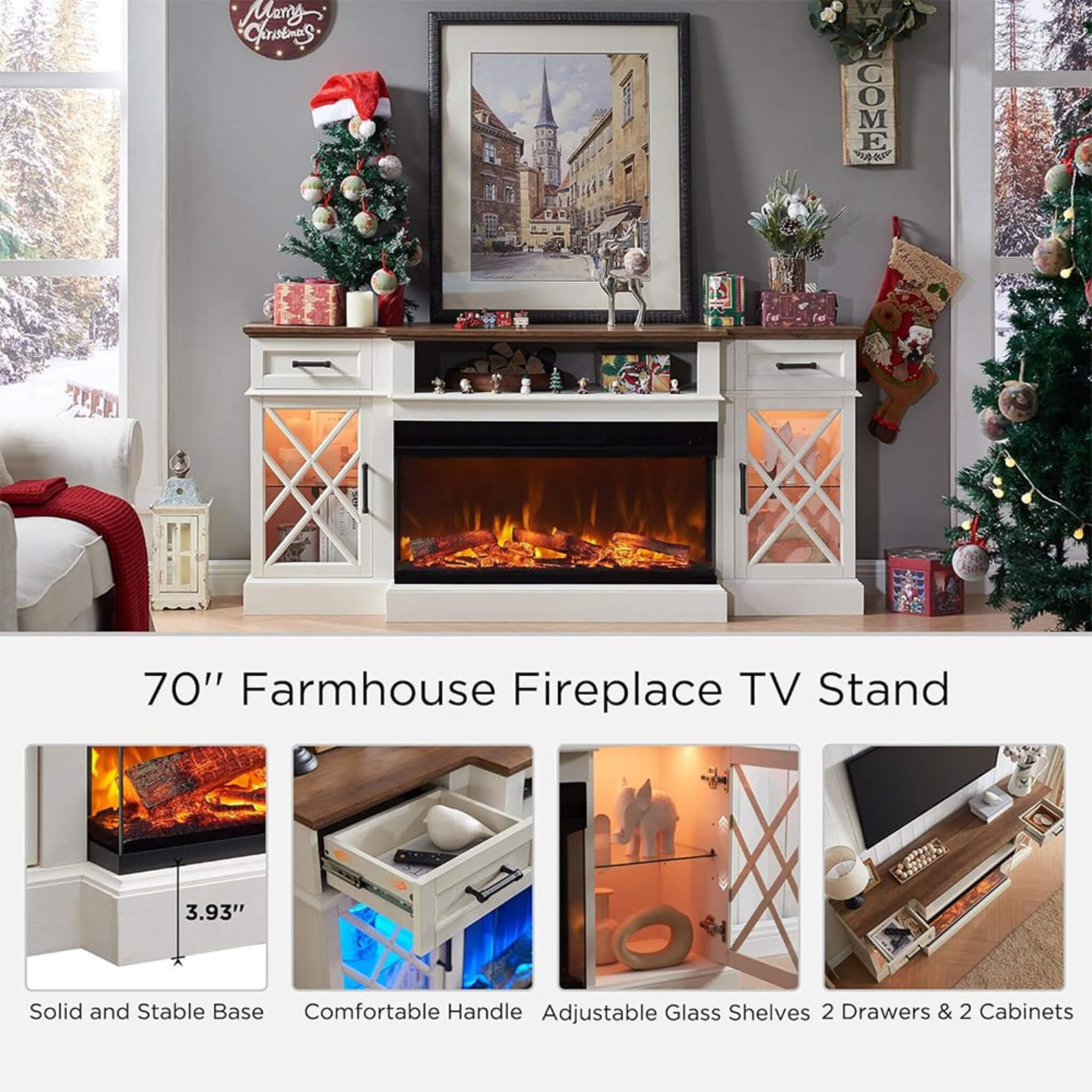 Nuvia Electric 70-Inch Fireplace TV Stand With Glass Door Storage Cabinet (SAK58627)