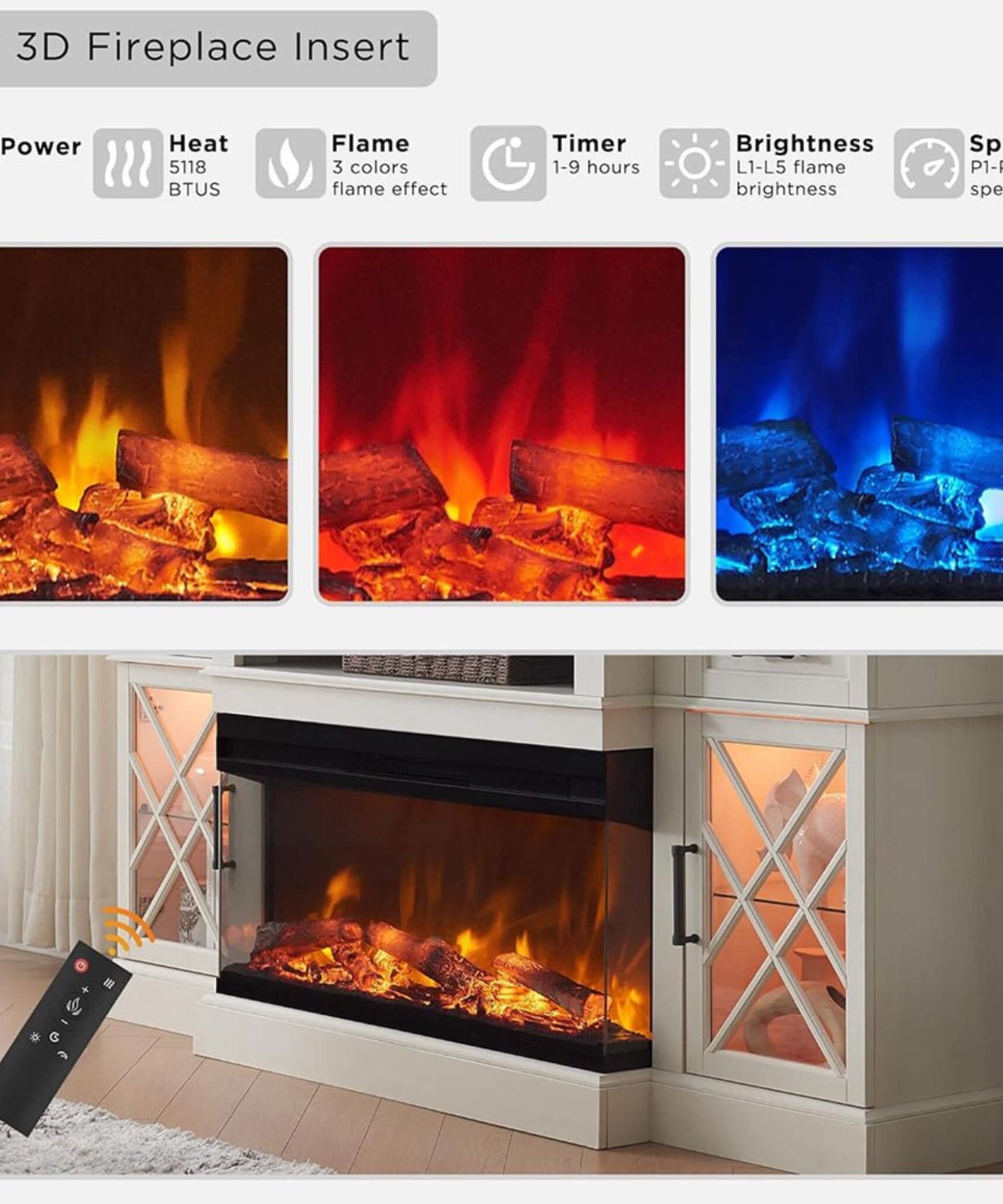 Nuvia Electric 70-Inch Fireplace TV Stand With Glass Door Storage Cabinet (SAK58627)