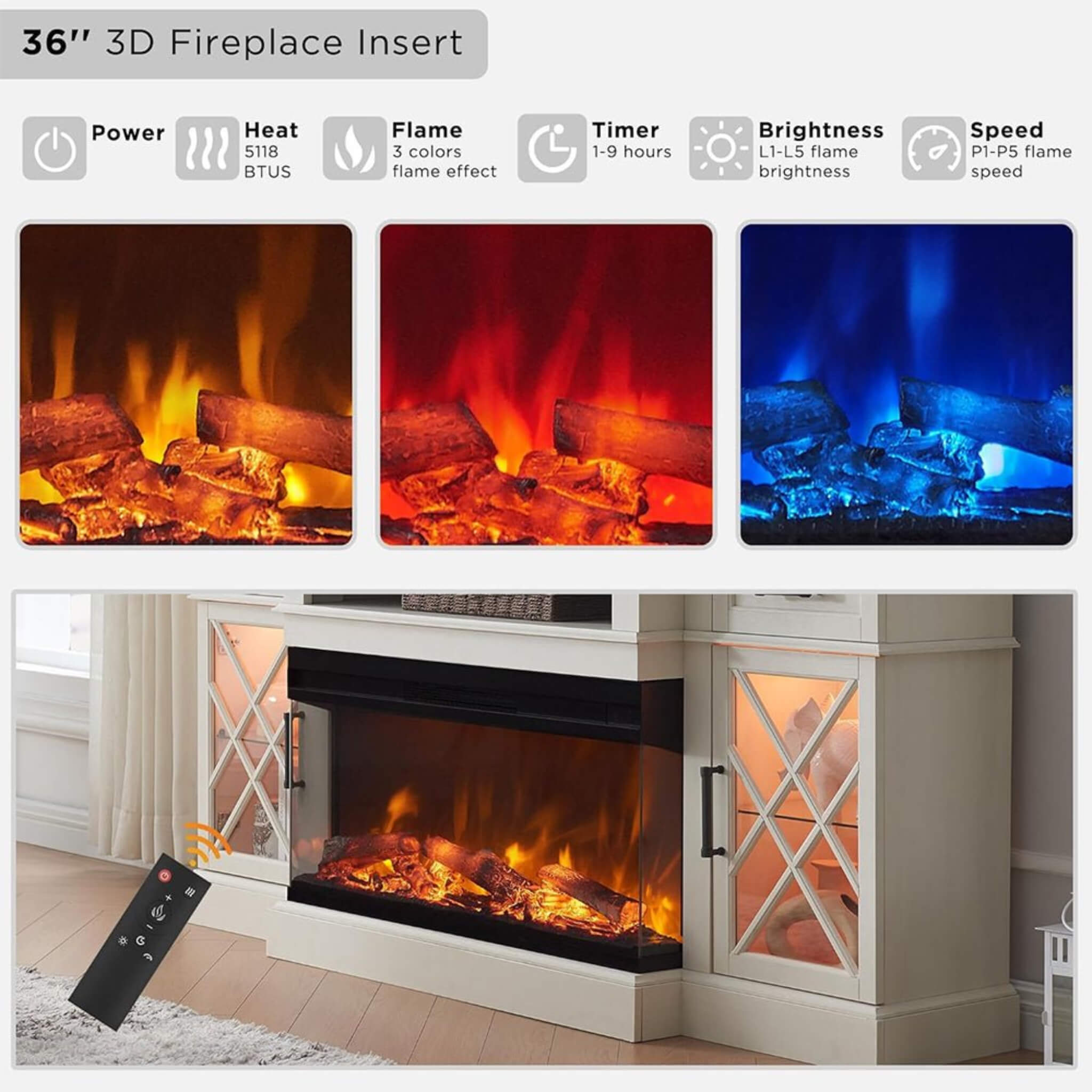 Nuvia Electric 70-Inch Fireplace TV Stand With Glass Door Storage Cabinet (SAK58627)
