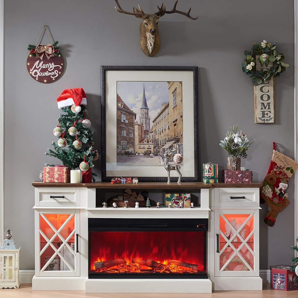 Nuvia Electric 70-Inch Fireplace TV Stand With Glass Door Storage Cabinet (SAK58627)