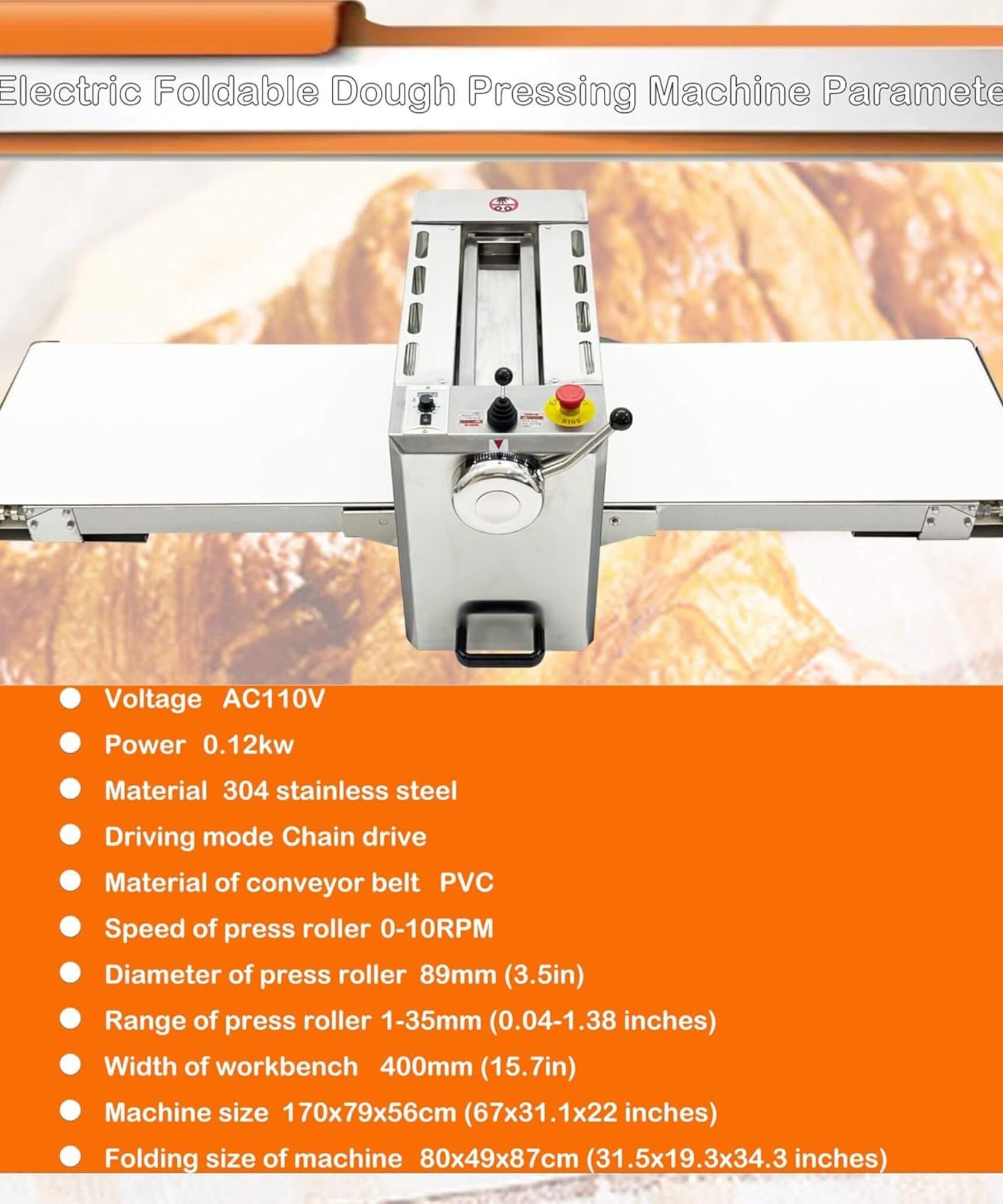Commercial Electric 110V Foldable Stainless Steel Dough Sheeter (SAK59273)