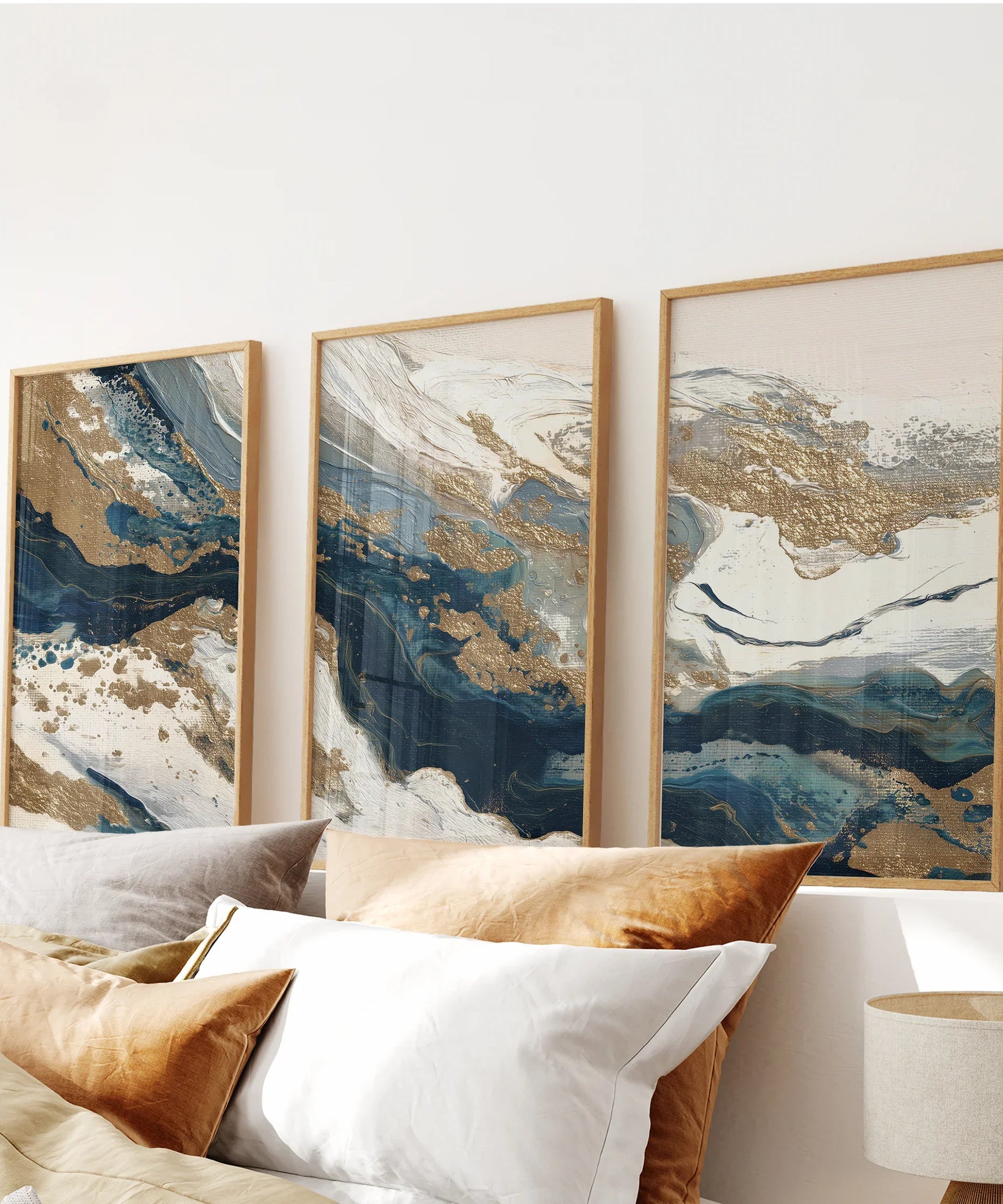 Gold & Blue Brush Strokes. Luxury 3 Piece Abstract Wall Art