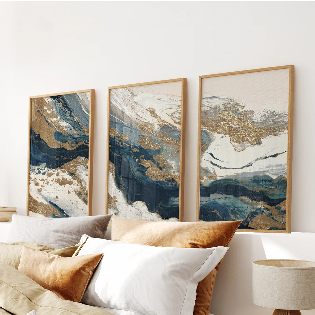 Gold & Blue Brush Strokes. Luxury 3 Piece Abstract Wall Art
