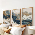 Gold & Blue Brush Strokes. Luxury 3 Piece Abstract Wall Art
