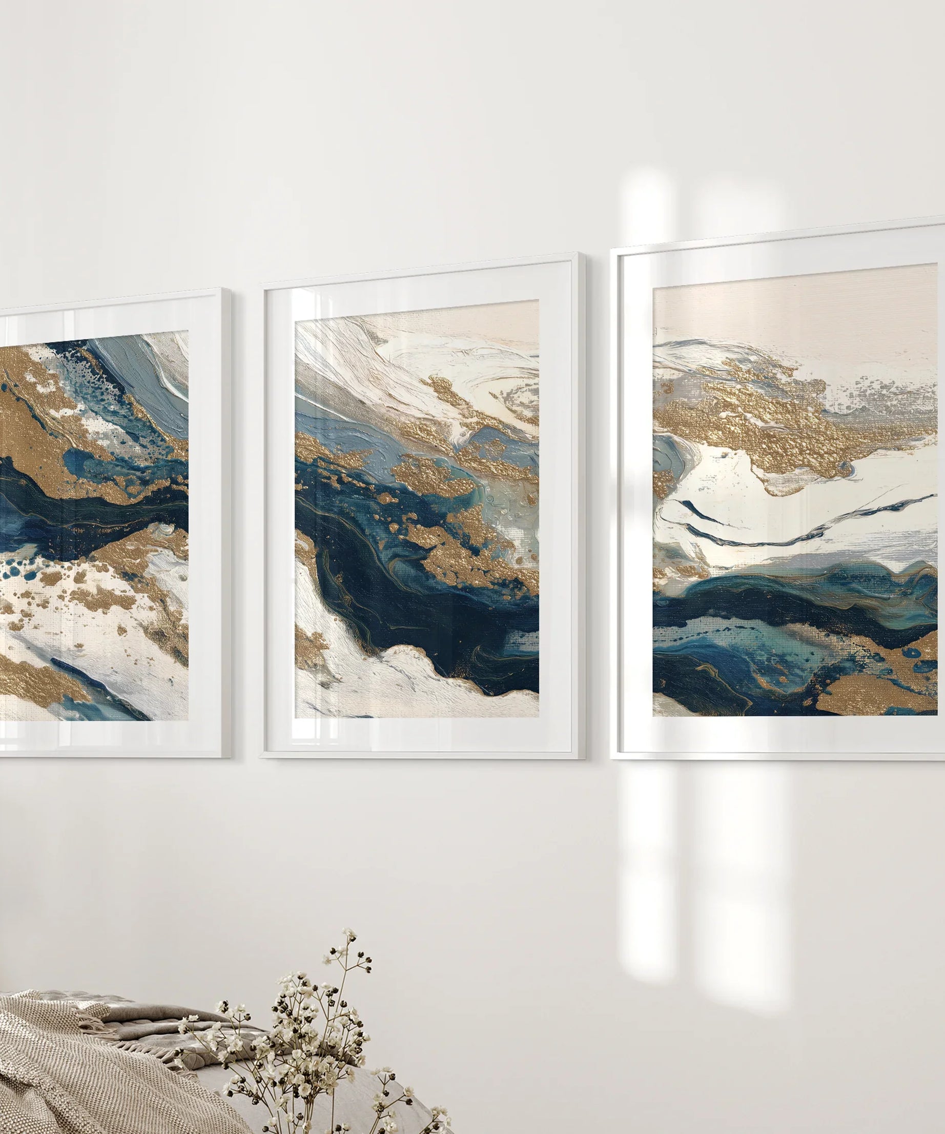 Gold & Blue Brush Strokes. Luxury 3 Piece Abstract Wall Art