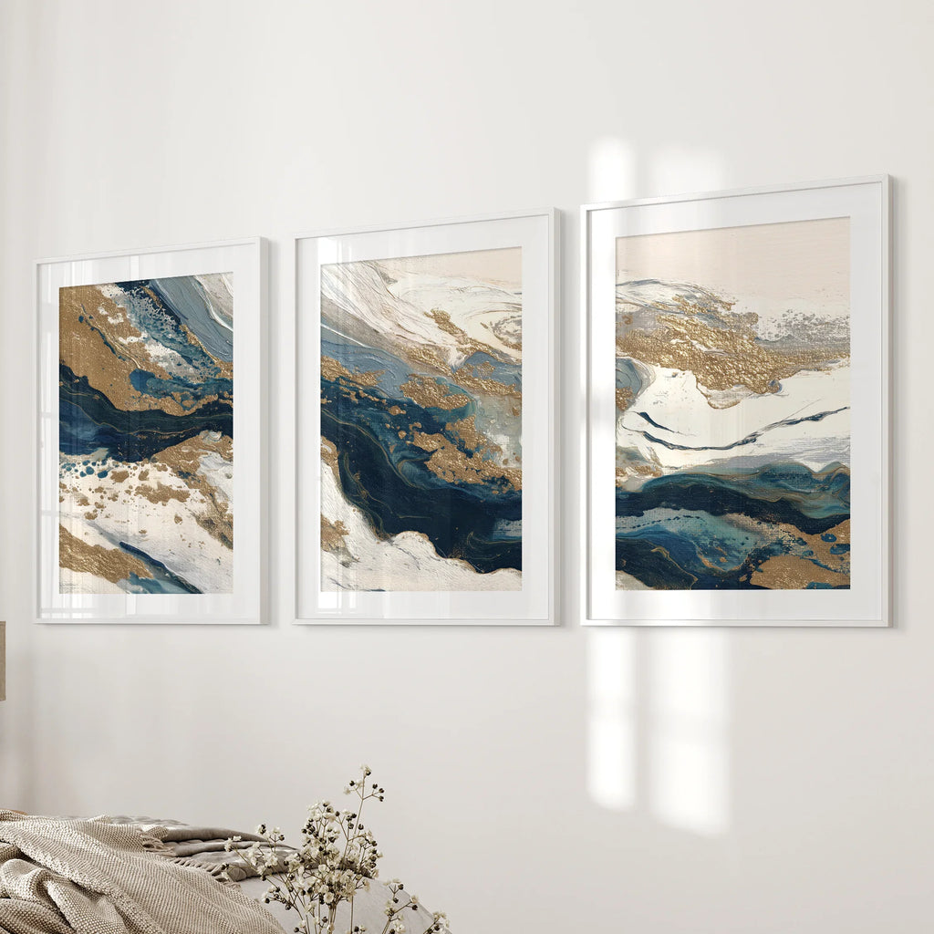Gold & Blue Brush Strokes. Luxury 3 Piece Abstract Wall Art