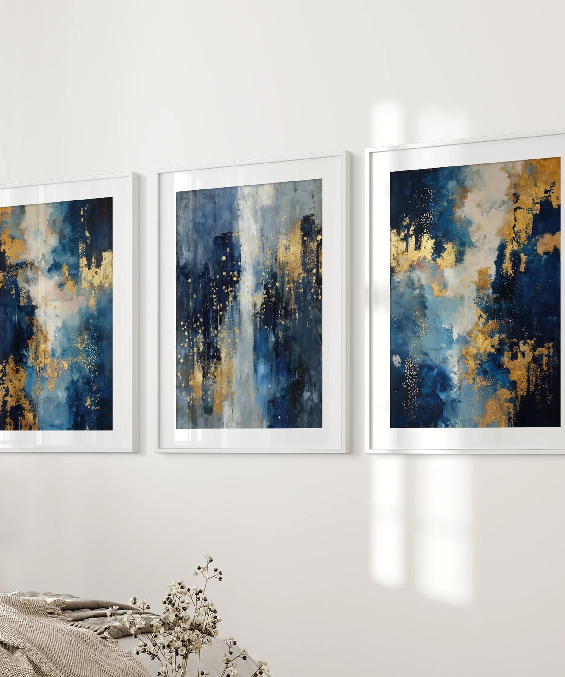 Elegant Navy and Gold Art Set of 3. Contemporary Abstract Prints