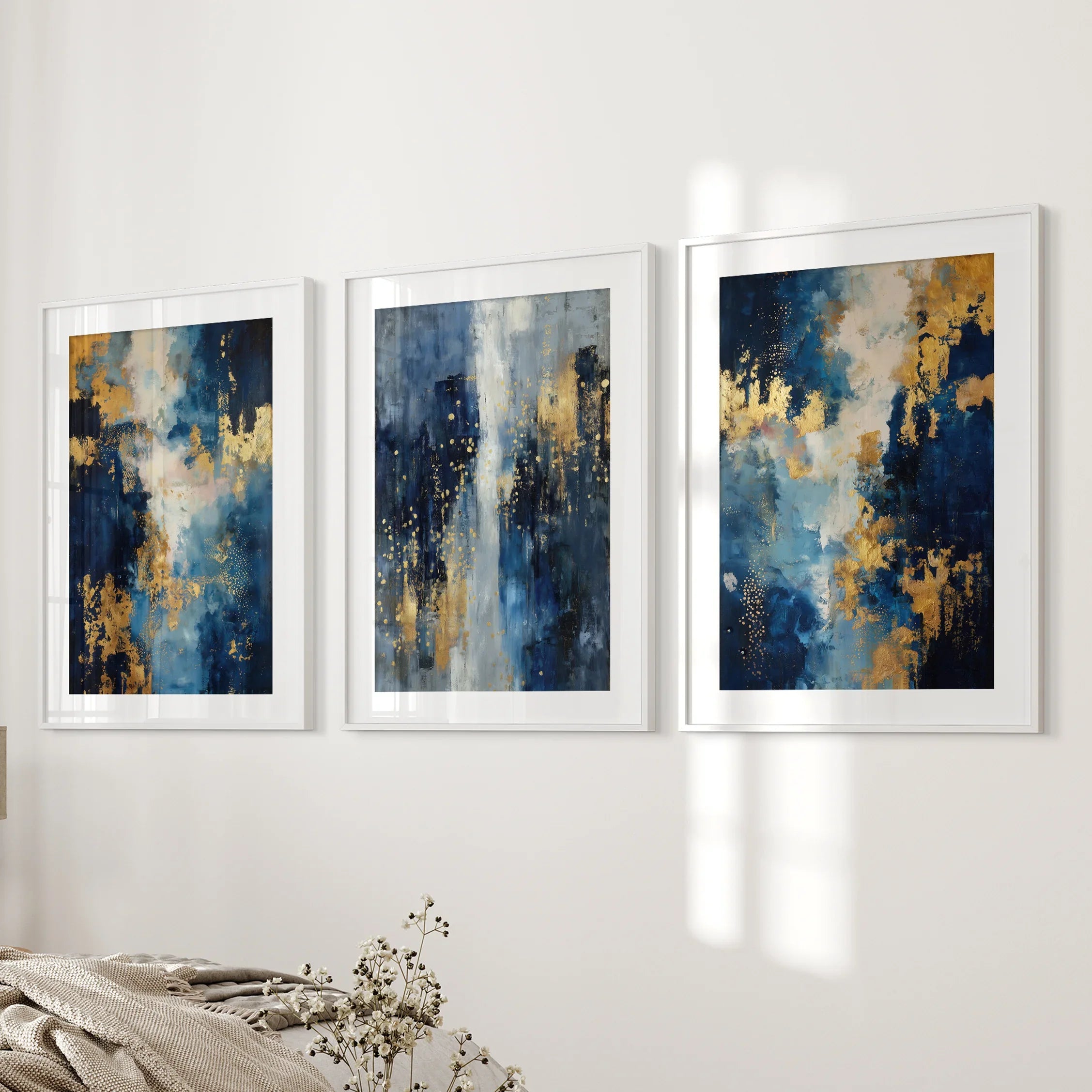 Elegant Navy and Gold Art Set of 3. Contemporary Abstract Prints