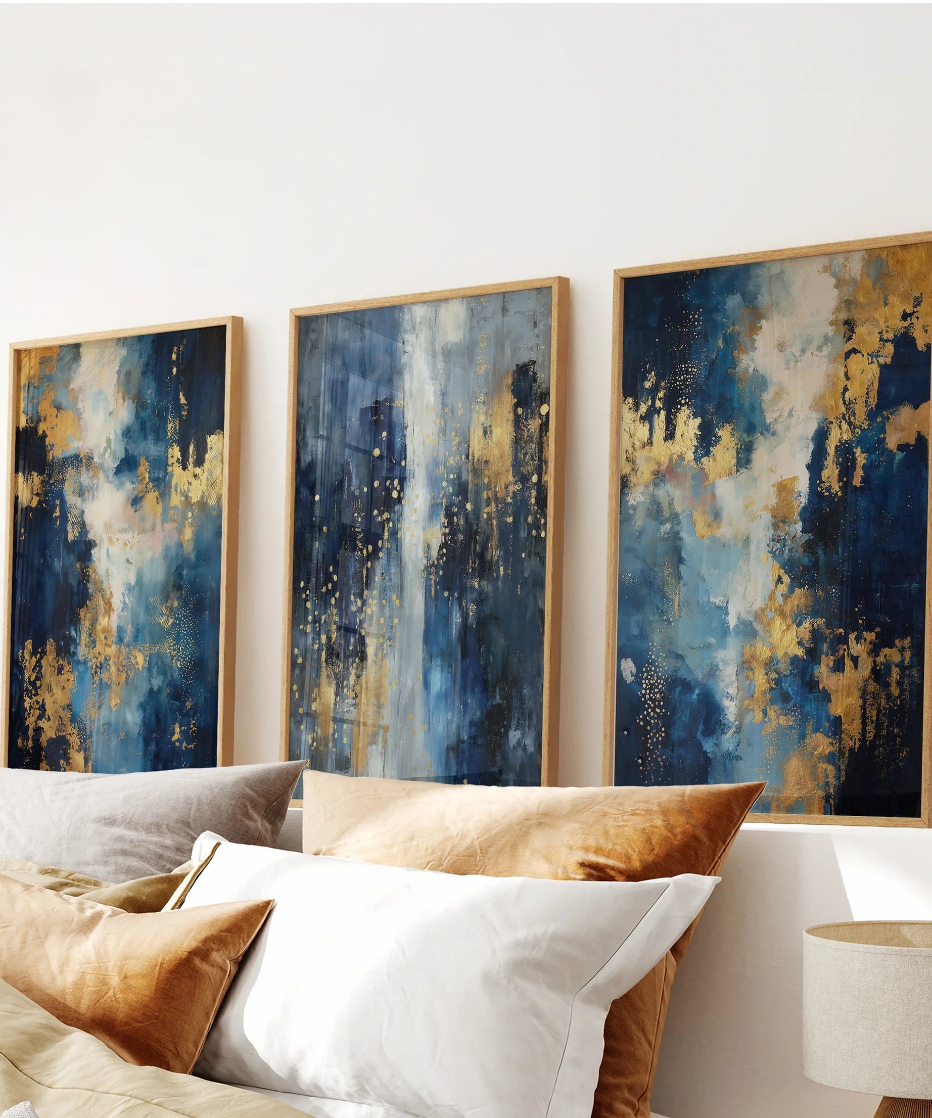 Elegant Navy and Gold Art Set of 3. Contemporary Abstract Prints